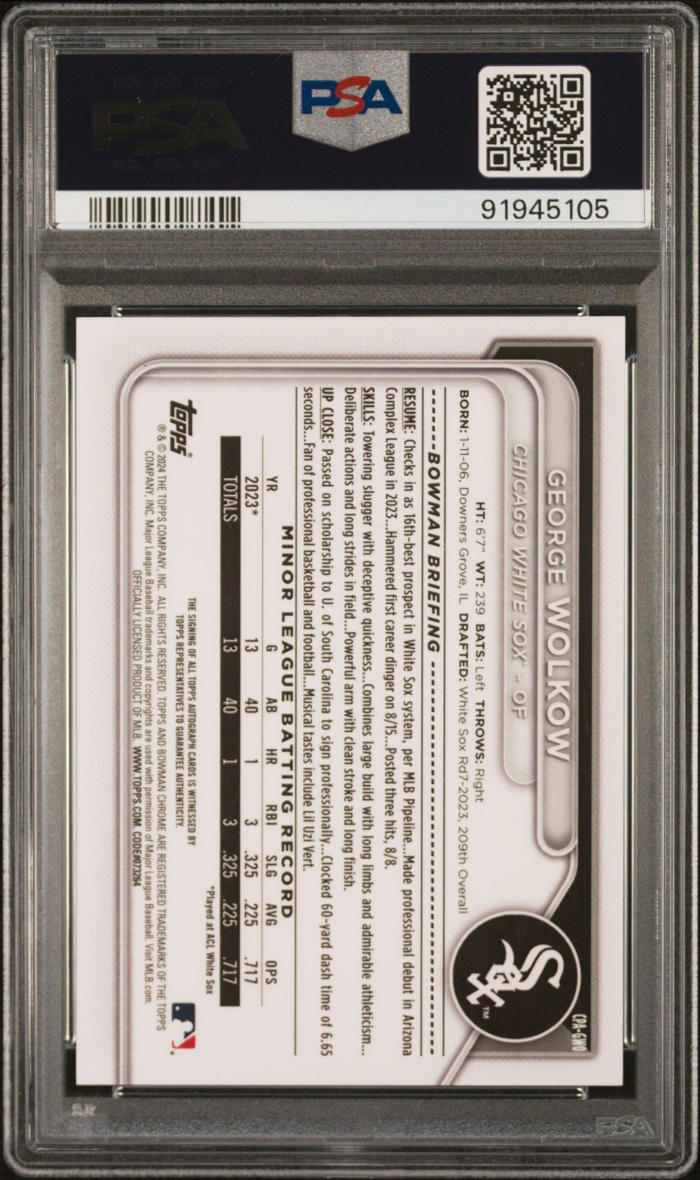 2024 Bowman Chrome Prospect Autographs Cpagwo George Wolkow PSA 9
