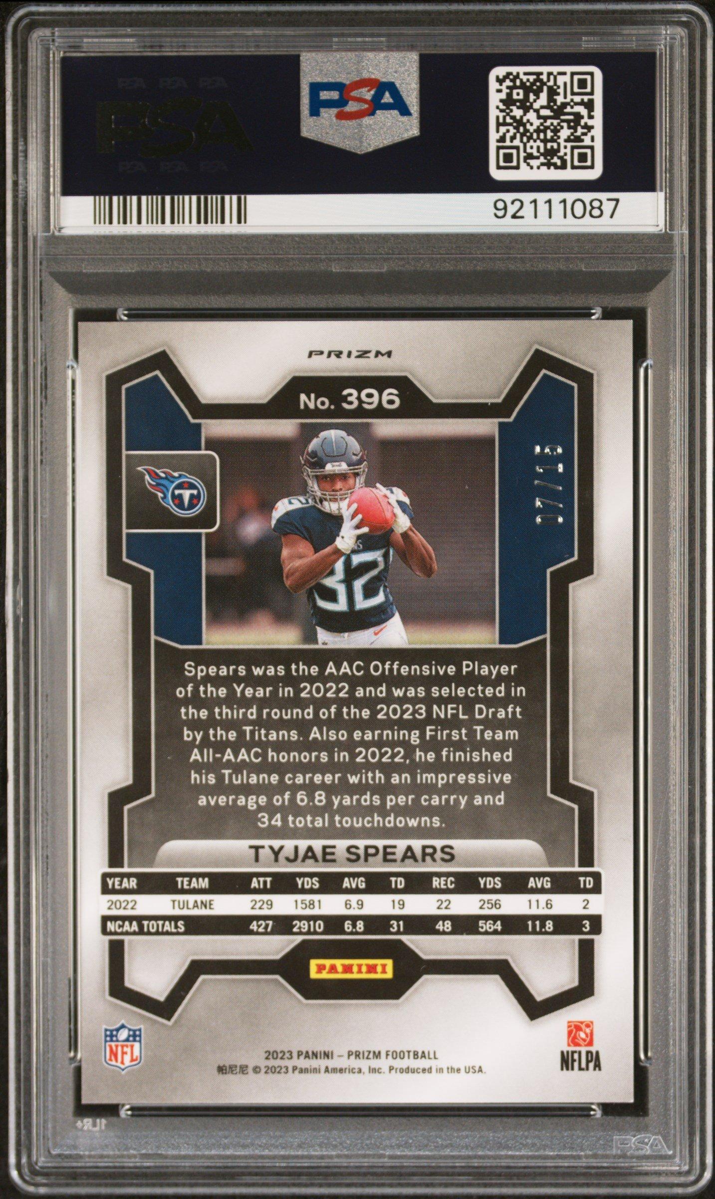 2023 Panini Prizm 396 Tyjae Spears No Huddle Pink PSA 9