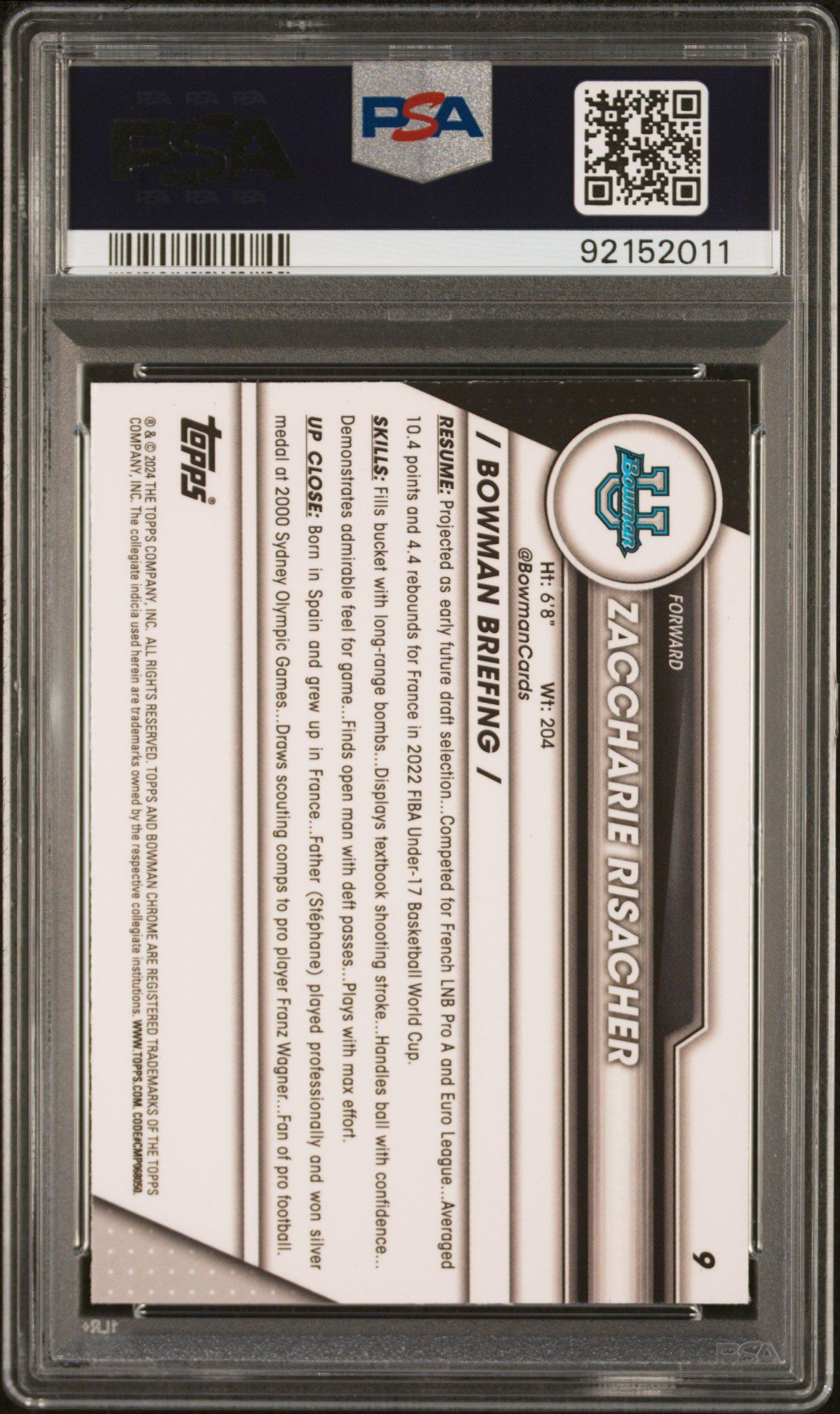 2023 Bowman University Chrome Sapphire 9 Zaccharie Risacher PSA 10