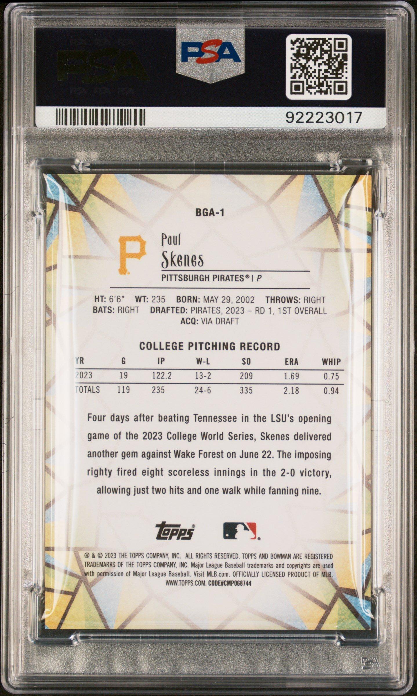 2023 Bowman Draft Bowman Glass Bga1 Paul Skenes PSA 10