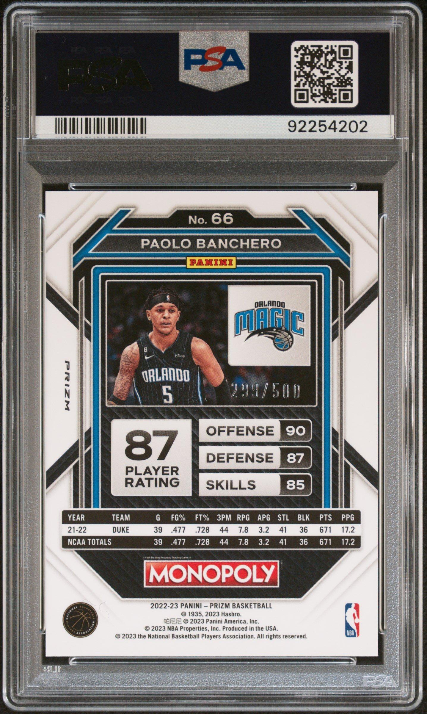 2022 Panini Prizm Monopoly 66 Paolo Banchero Gold Money Shimmer PSA 10