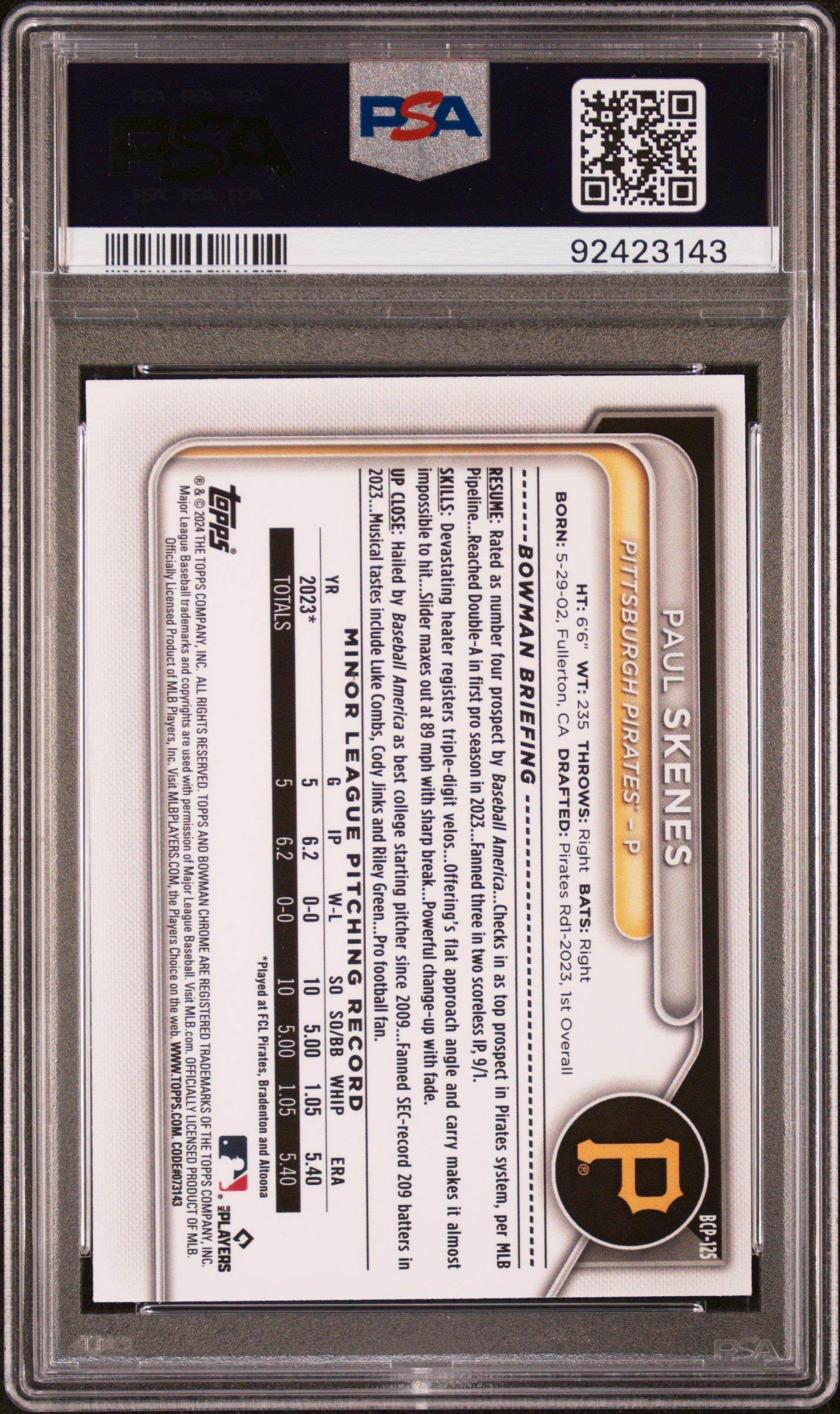 2024 Bowman Chrome Prospects Bcp125 Paul Skenes Lunar Glow Refractor PSA 10