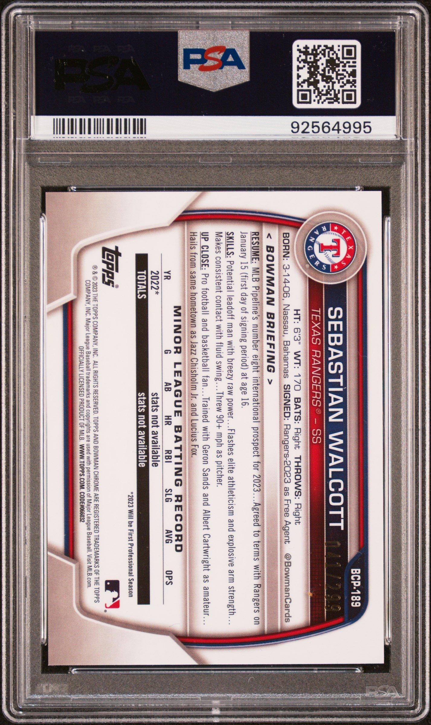 2023 Bowman Mega Box Chrome 189 Sebastian Walcott Purple Refractor PSA 9