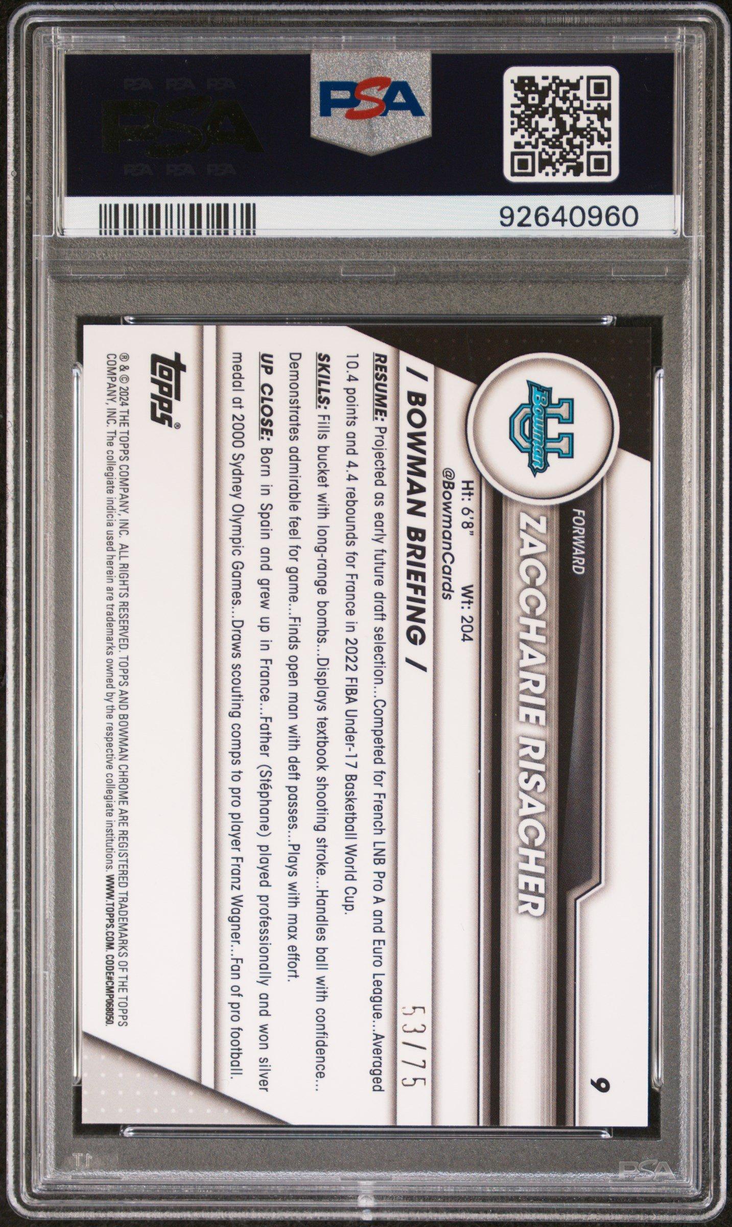 2023 Bowman University Chrome Sapphire 9 Zaccharie Risacher Yellow PSA 10