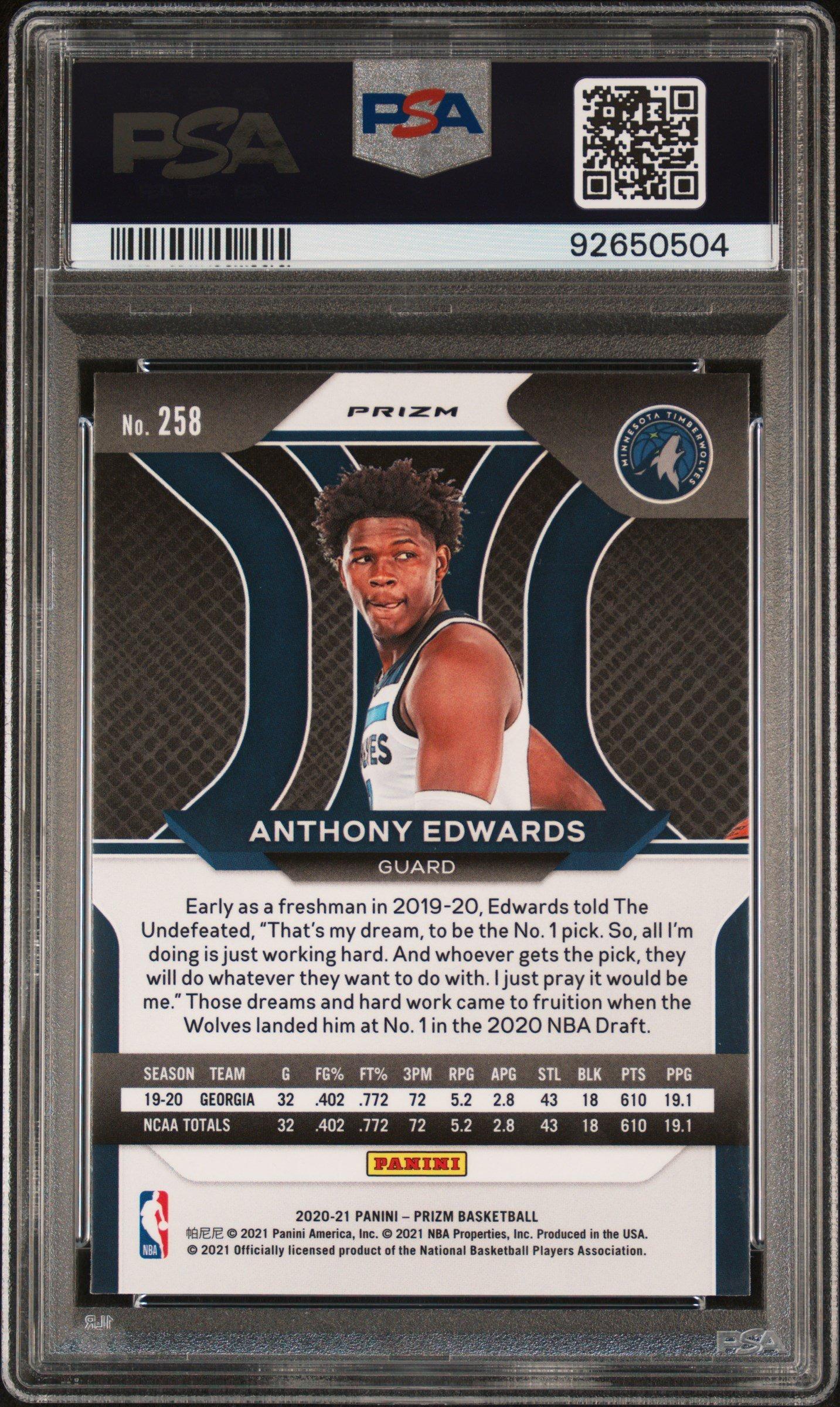 2020 Panini Prizm 258 Anthony Edwards Green Prizm PSA 9 Graded
