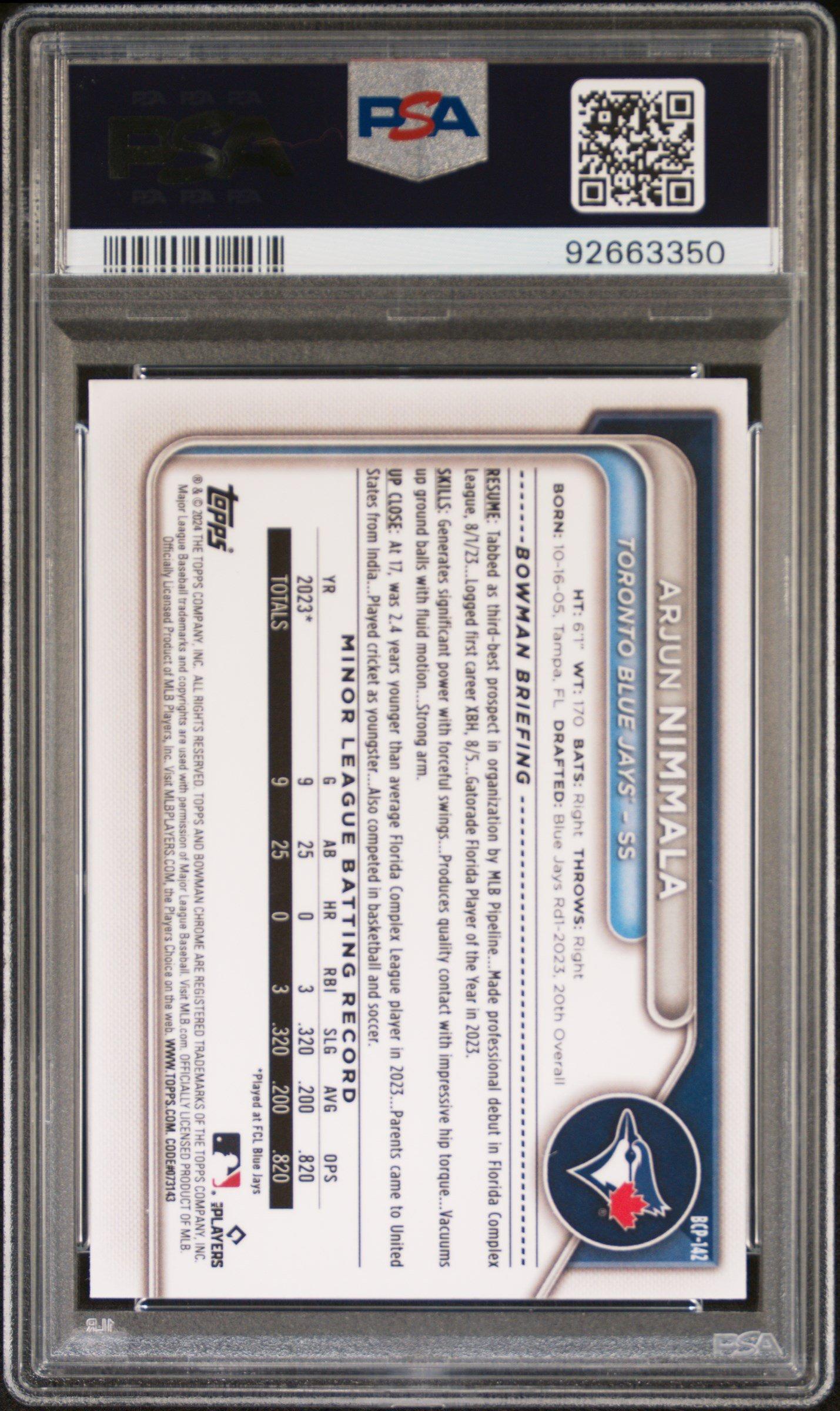 2024 Bowman Chrome Prospects Bcp142 Arjun Nimmala PSA 10