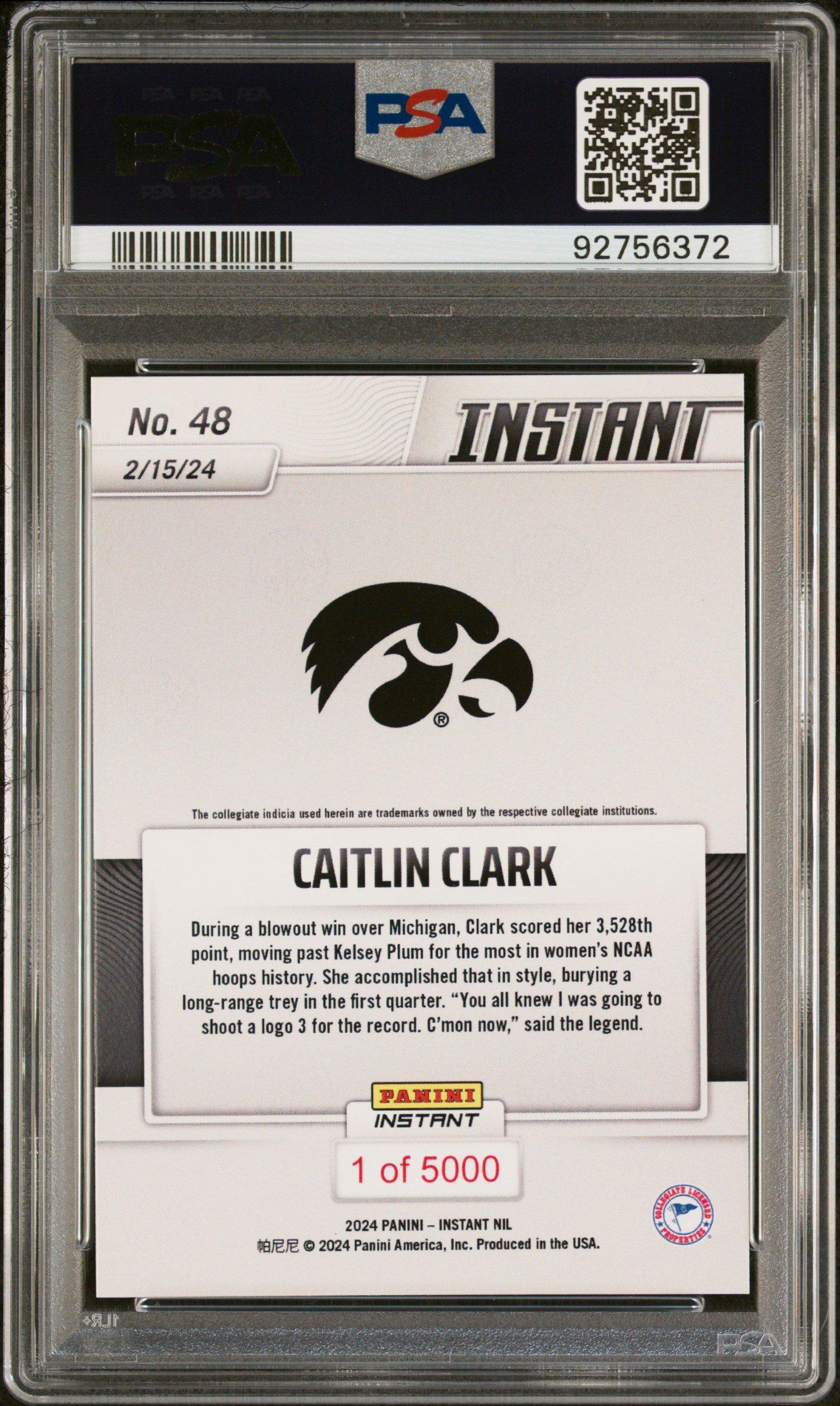 2024 Panini Instant Nil 48 Caitlin Clark PSA 9 Graded Card | GameStop