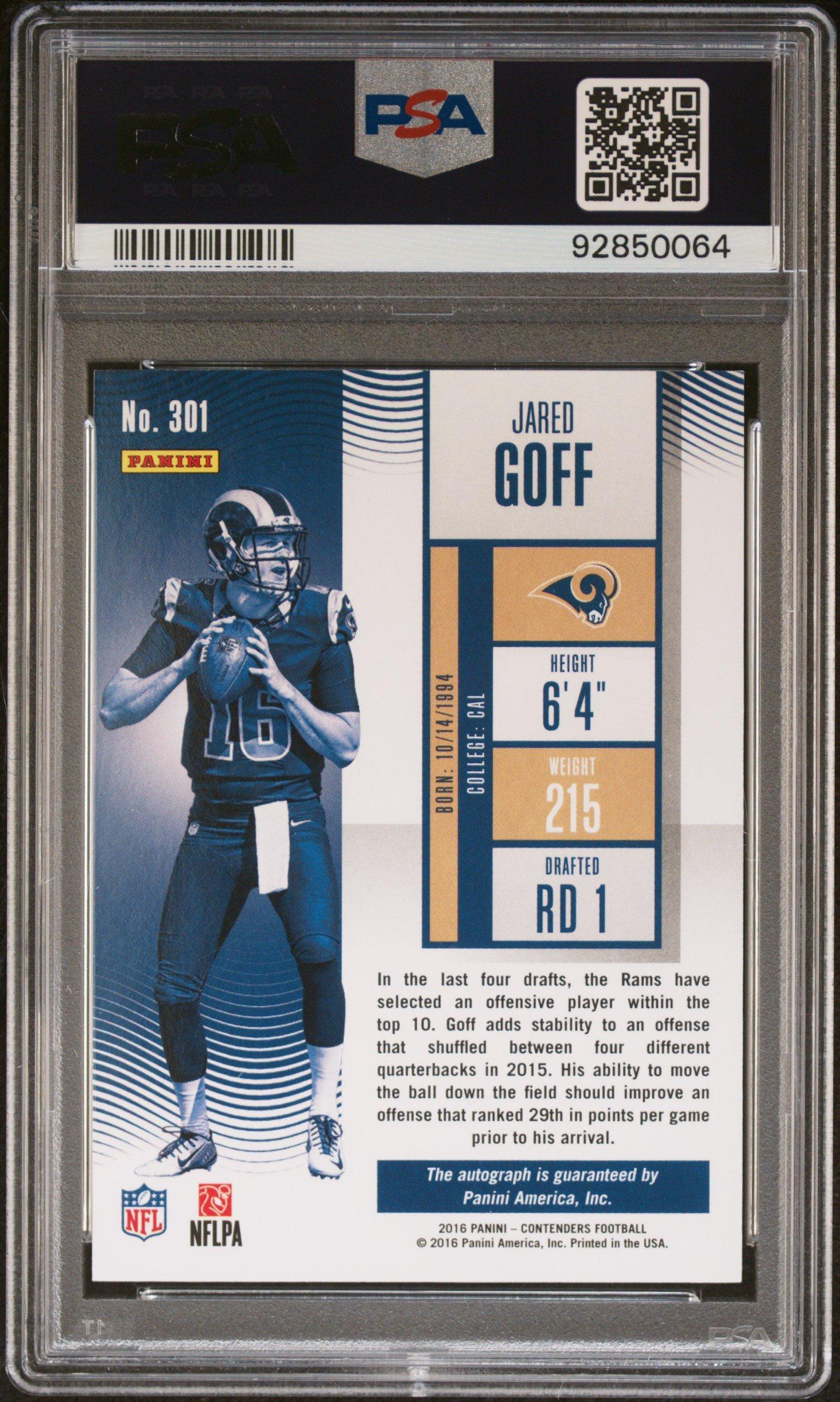 2016 Panini Contenders 301 Jared Goff Autograph PSA 9