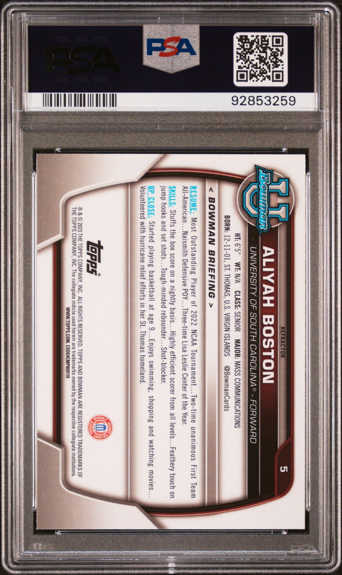 2022 Bowman Chrome University 5 Aliyah Boston Refractor PSA 10