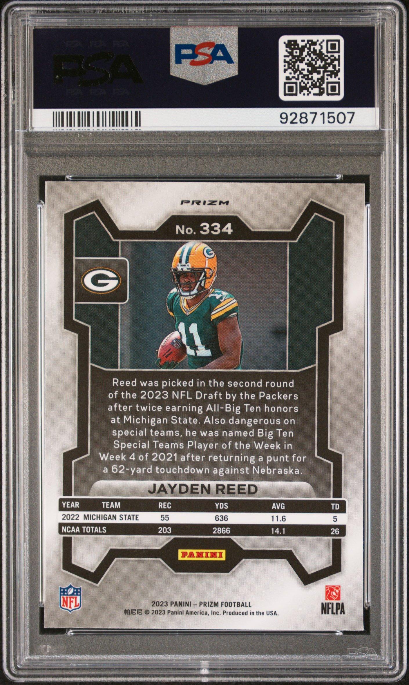 2023 Panini Prizm 334 Jayden Reed Green Wave PSA