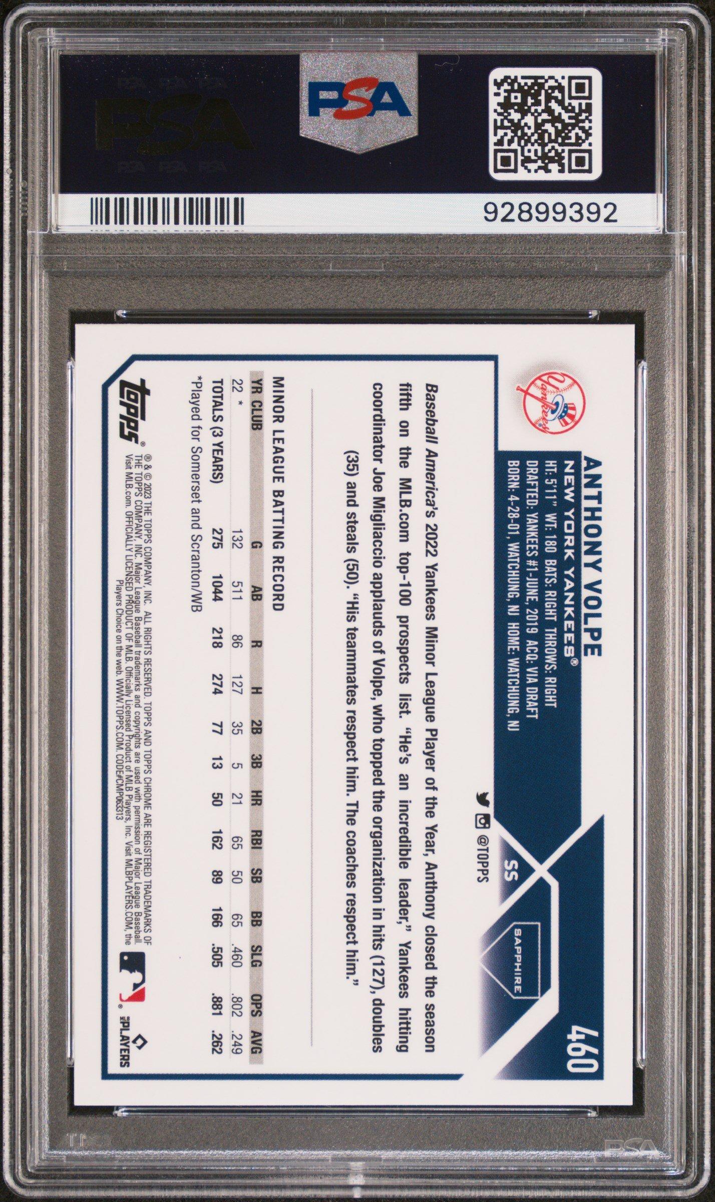 2023 Topps Chrome Sapphire 460 Anthony Volpe PSA 10