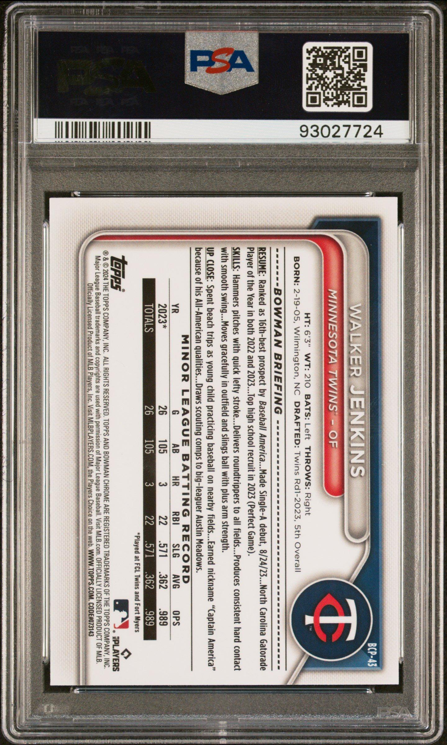 2024 Bowman Chrome Prospects Bcp43 Walker Jenkins Lunar Glow Refractor PSA 10
