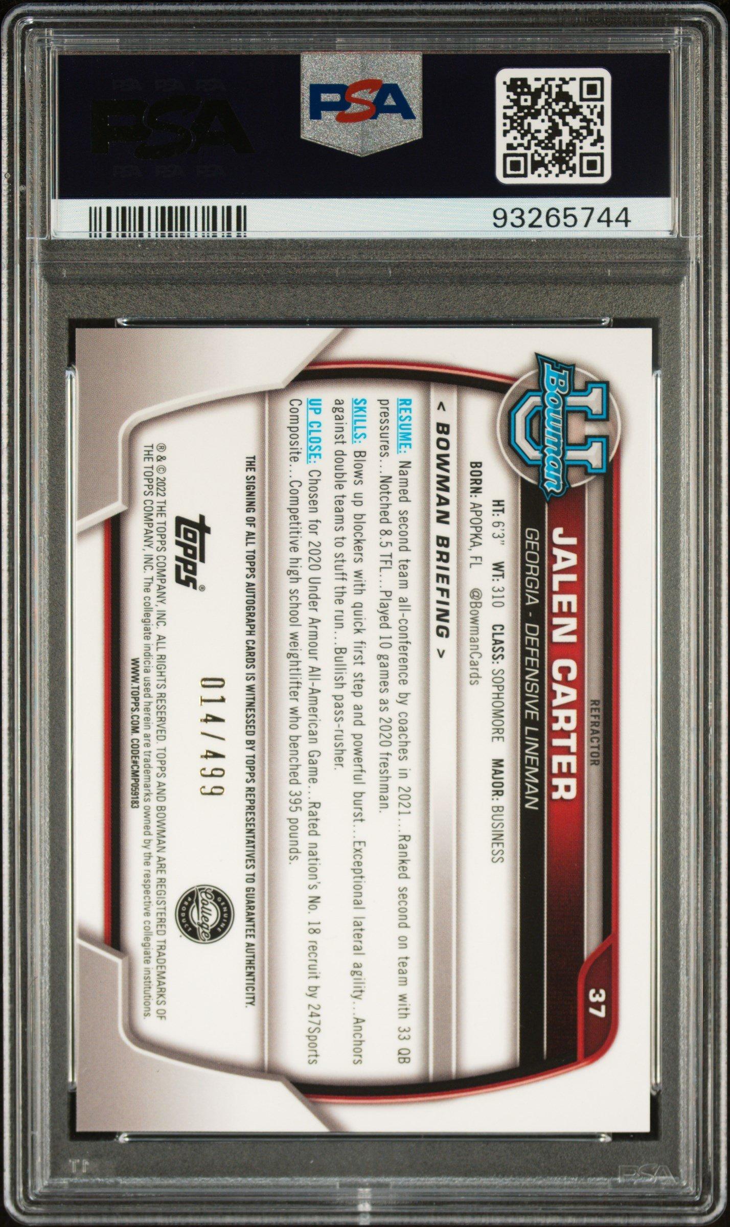 2022 Bowman University Chrome Prospects 37 Jalen Carter Autograph-refractor PSA 9