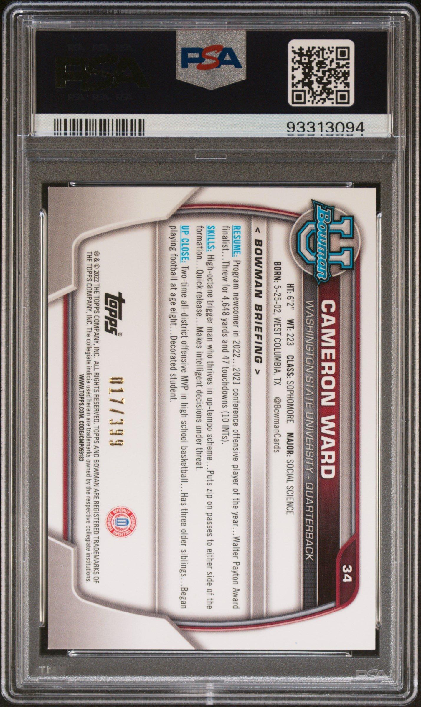 2022 Bowman University Chrome Prospects 34 Cameron Ward Purple Refractor PSA 10