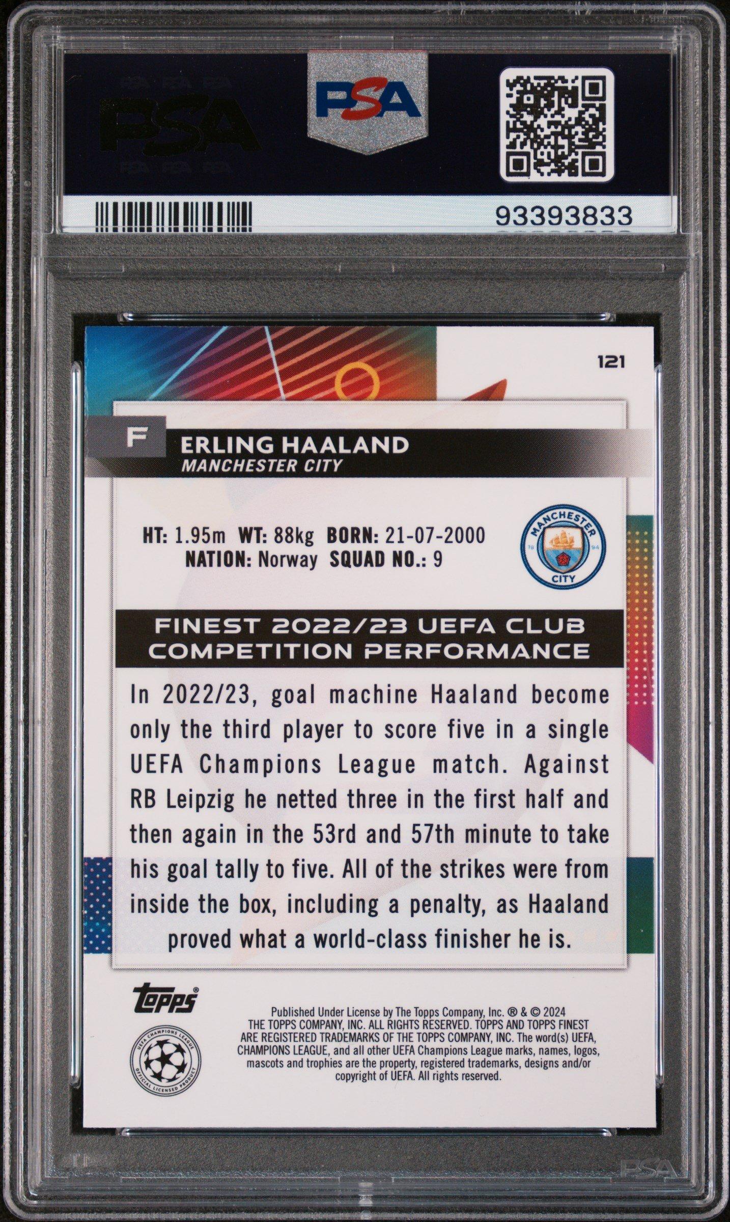 2023-24 Topps Finest Uefa Club Competitions 121 Erling Haaland Green Refractor PSA 10
