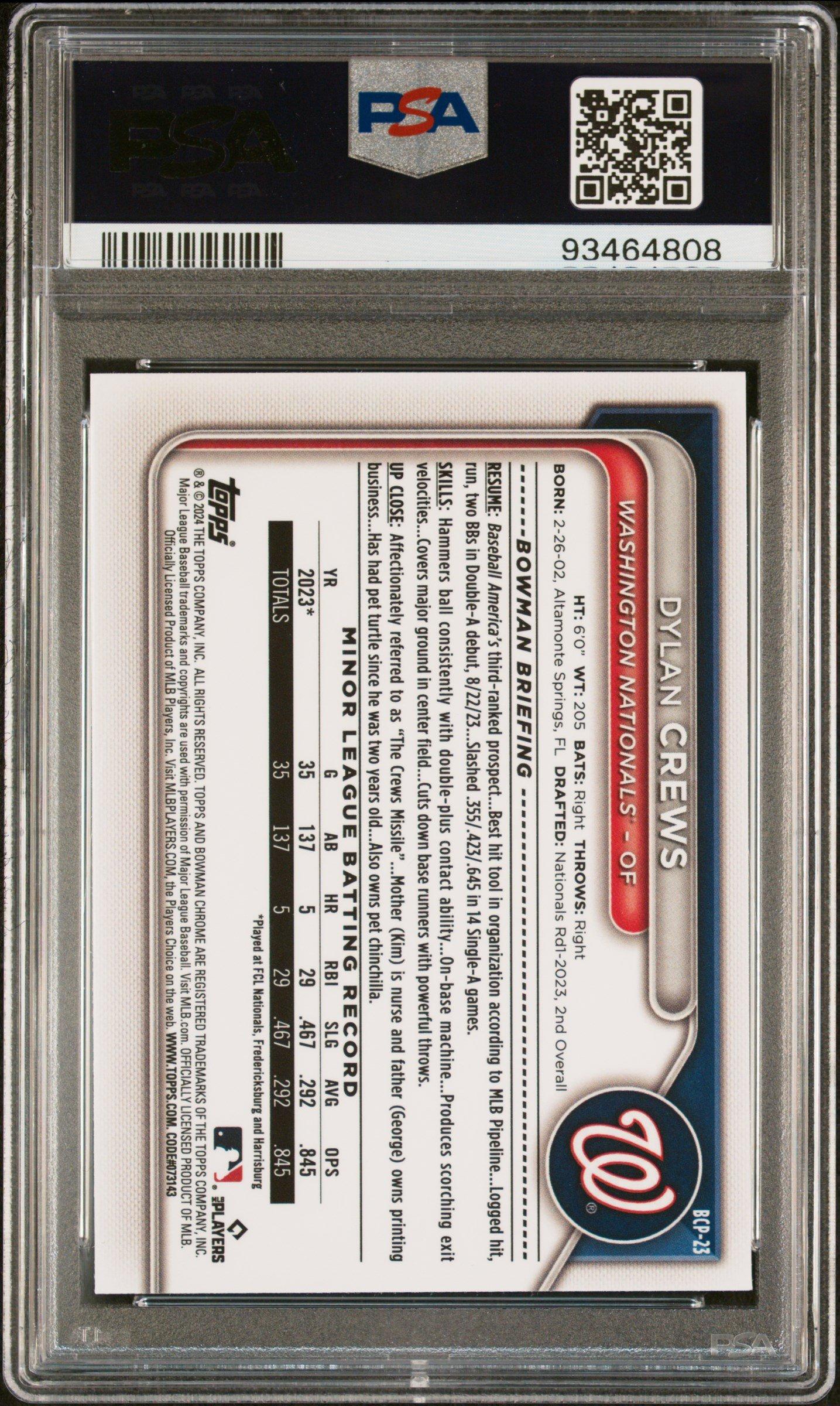 2024 Bowman Chrome Prospects Bcp23 Dylan Crews PSA 10