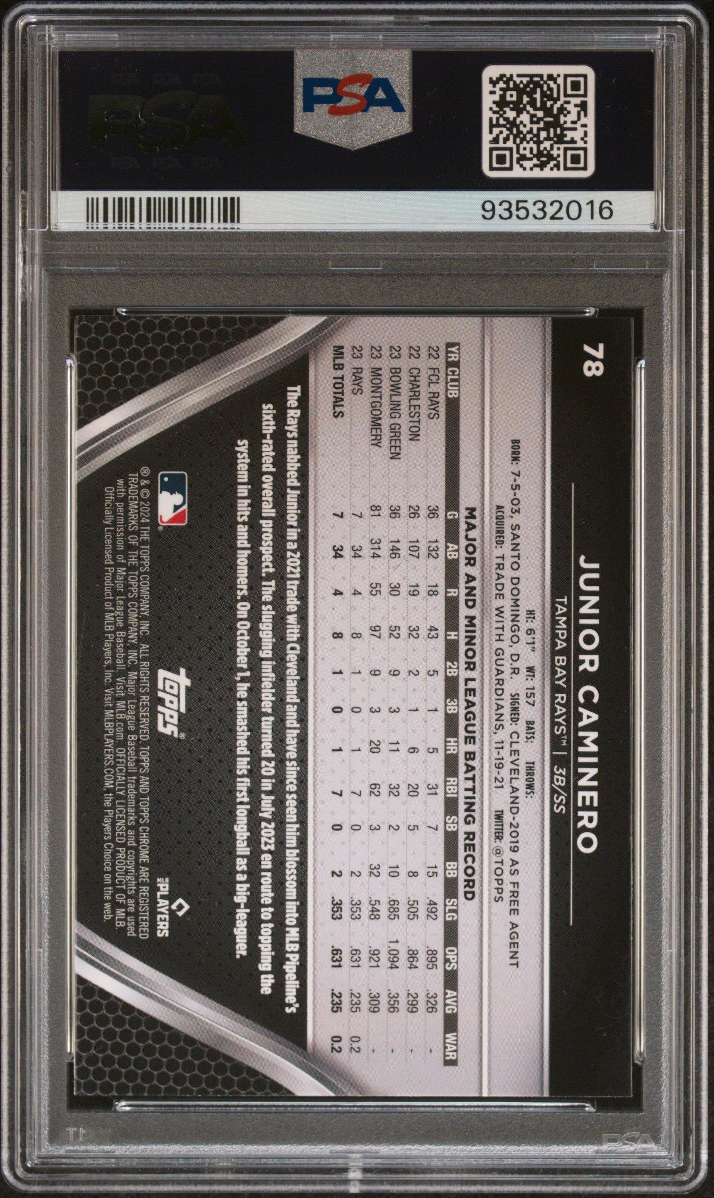 2024 Topps Chrome Black 78 Junior Caminero PSA 10 Graded Card 