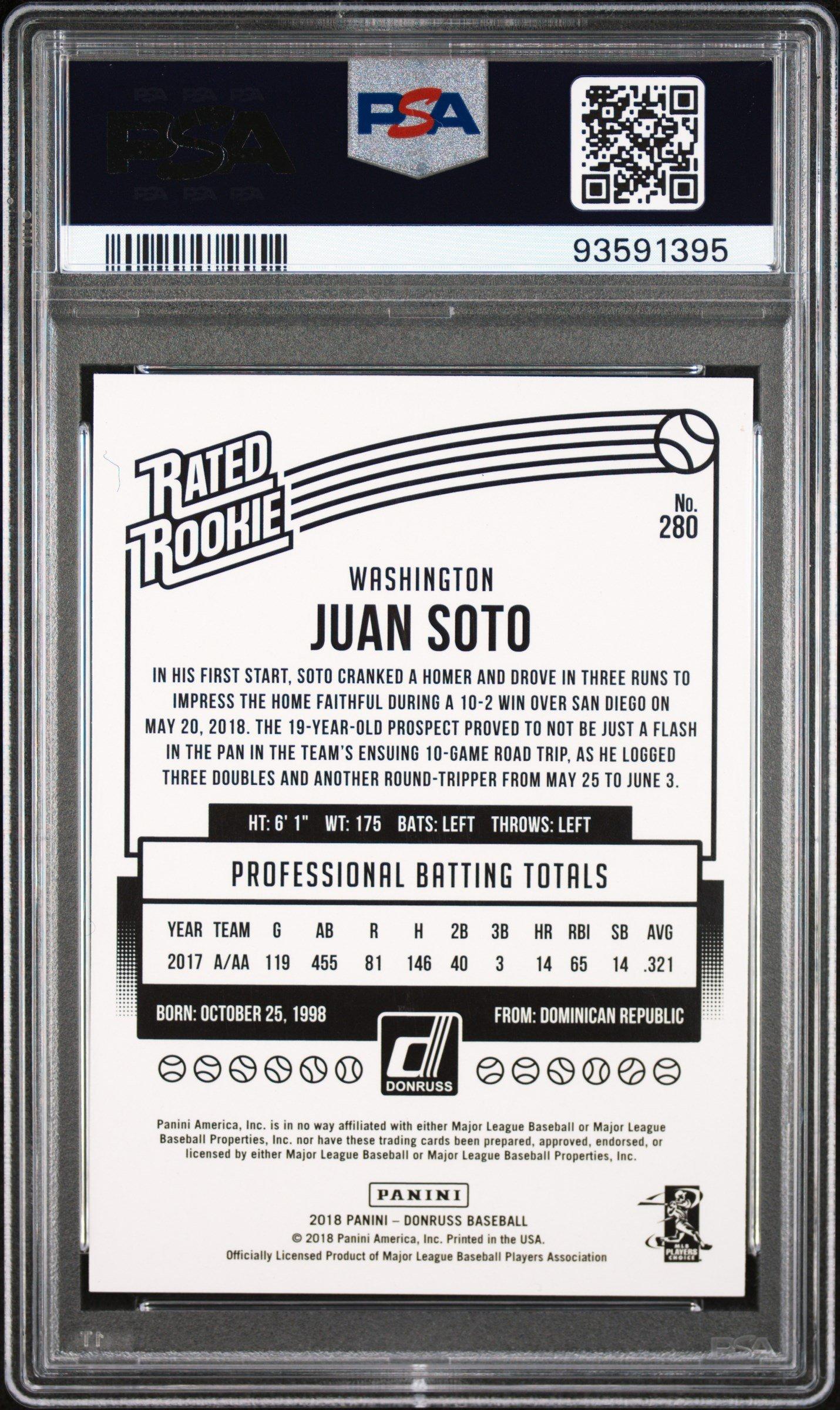 2018 Panini Chronicles Donruss Rated Rookies 280 Juan Soto PSA 10