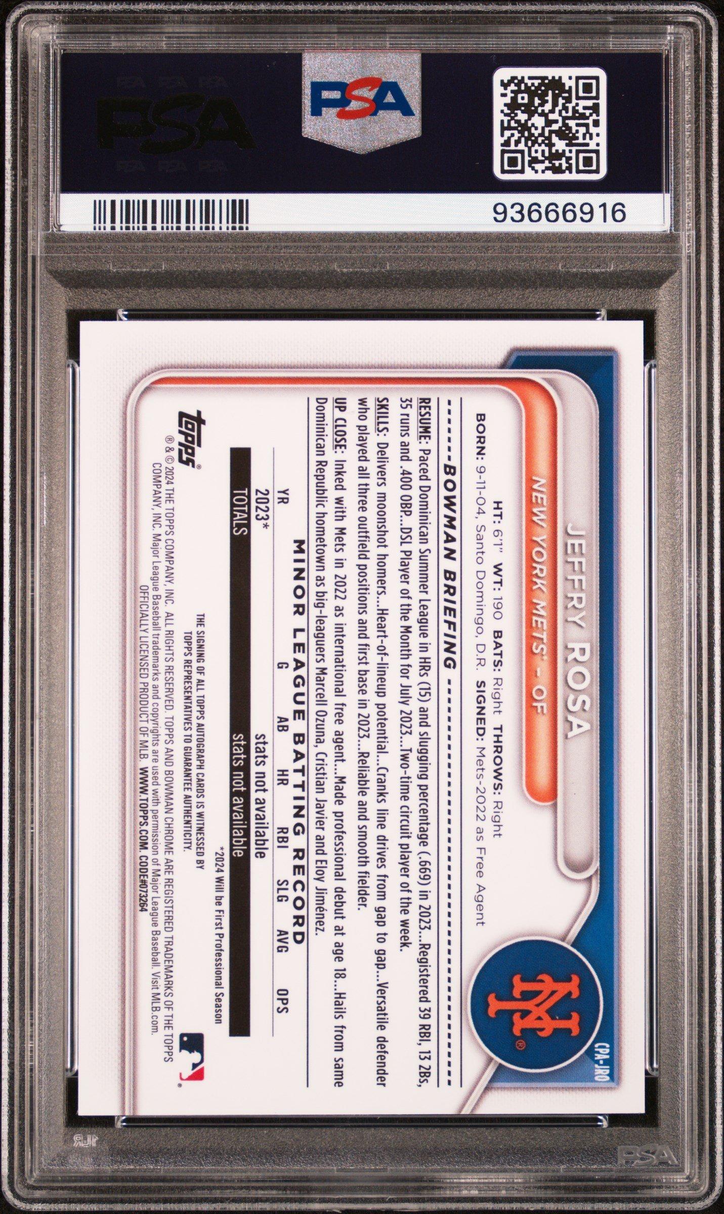2024 Bowman Chrome Prospect Autographs Cpajro Jeffry Rosa Orange Refractor PSA 9