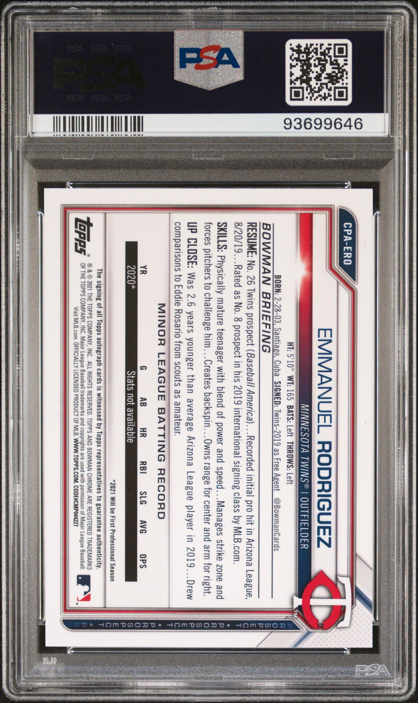 2021 Bowman Chrome Prospect Autographs Cpaero Emmanuel Rodriguez PSA 9