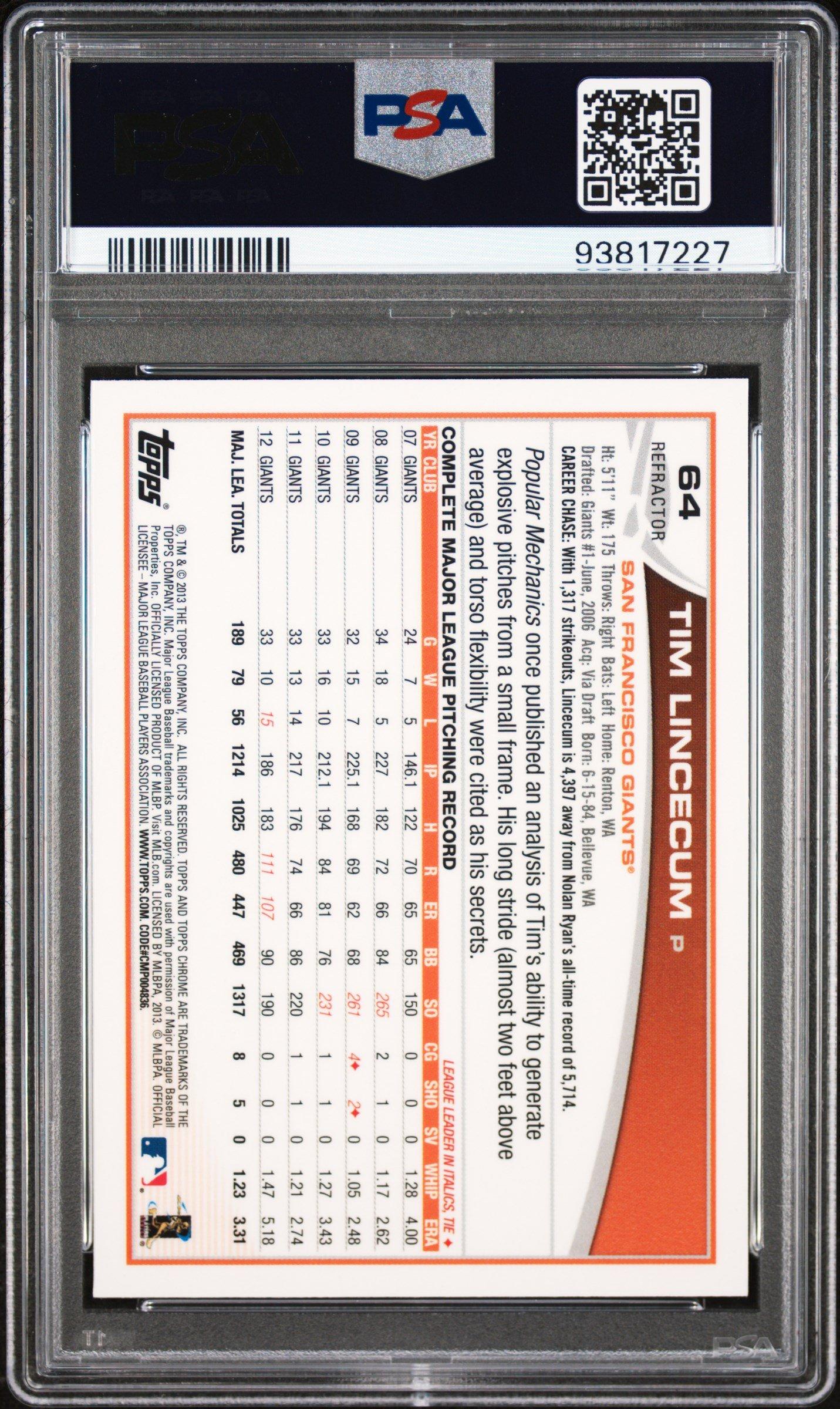 2013 Topps Chrome 64 Tim Lincecum Refractor PSA 9