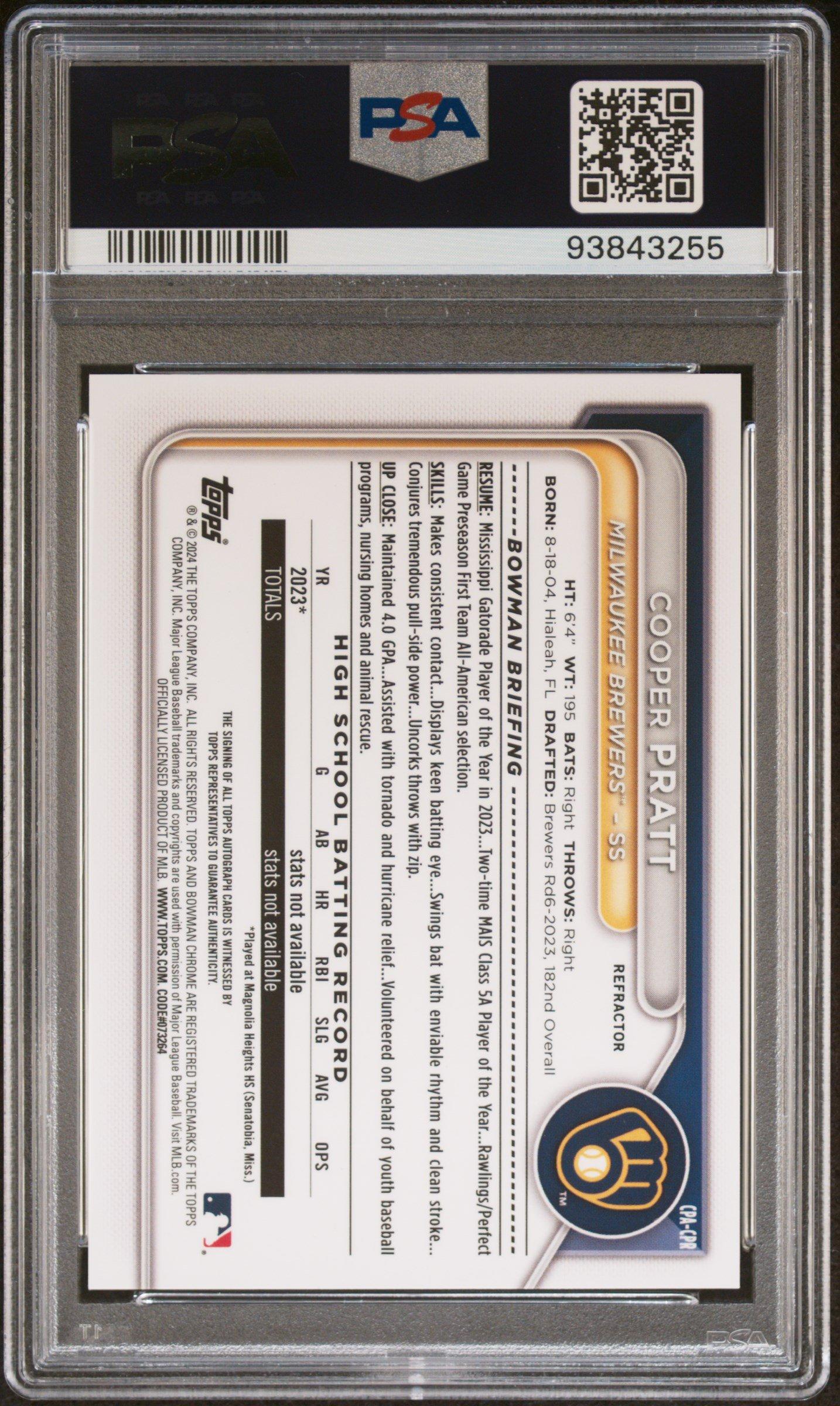 2024 Bowman Chrome Prospect Autographs Cpacpr Cooper Pratt Refractor PSA 10