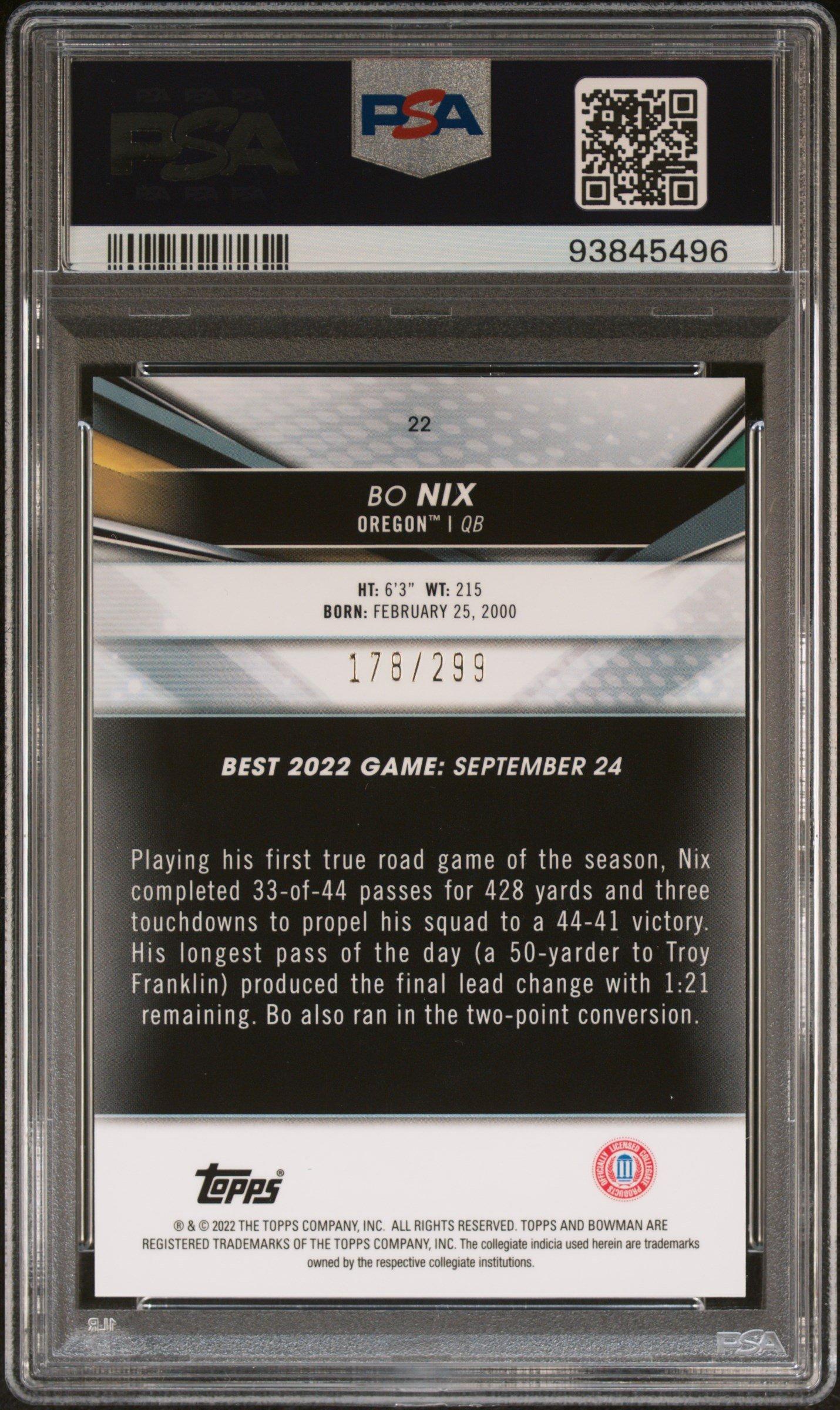 2022 Bowman's Best University 22 Bo Nix Mini-diamond Refractor PSA 10
