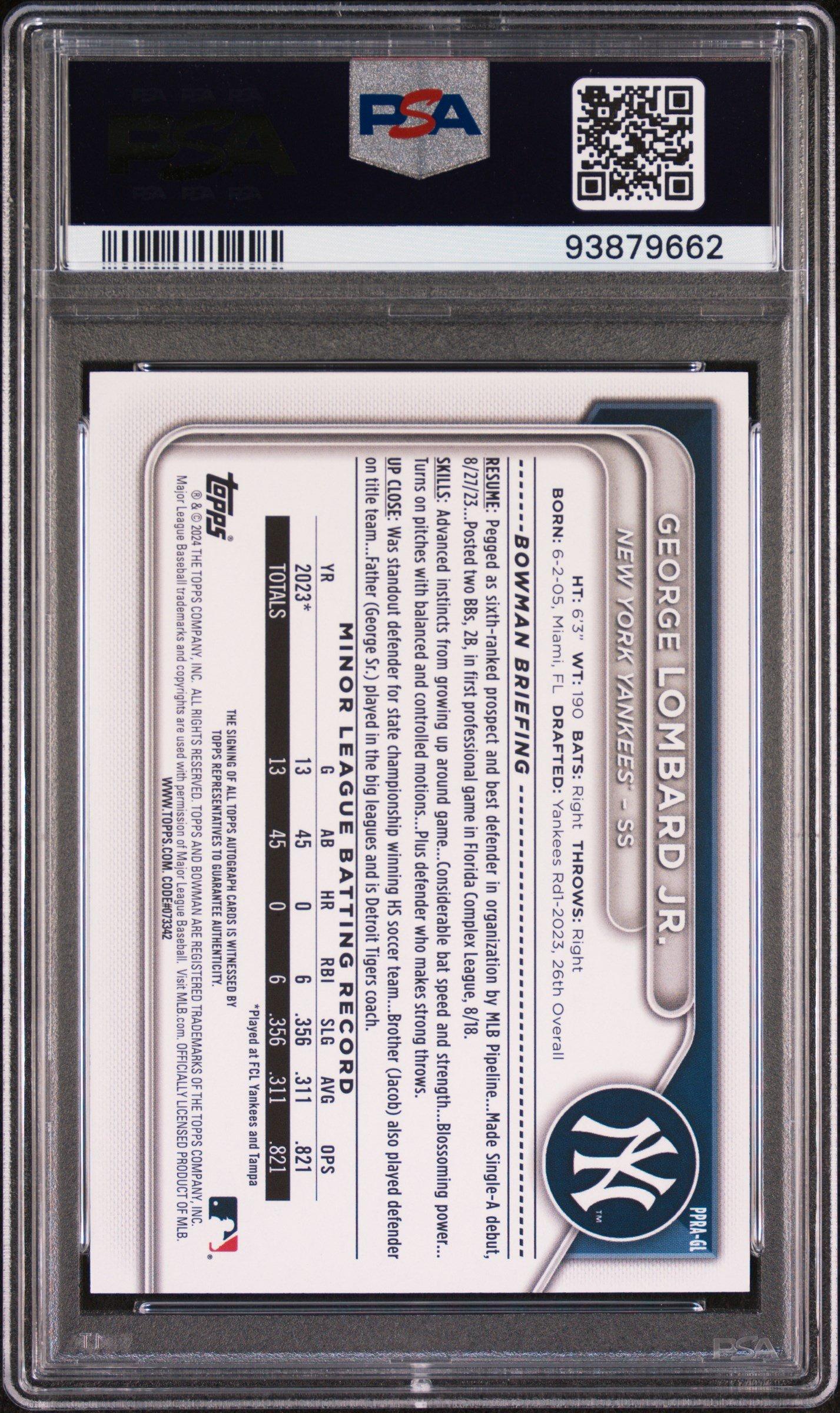 2024 Bowman Paper Prospect Autographs Gl George Lombard Jr. PSA 10