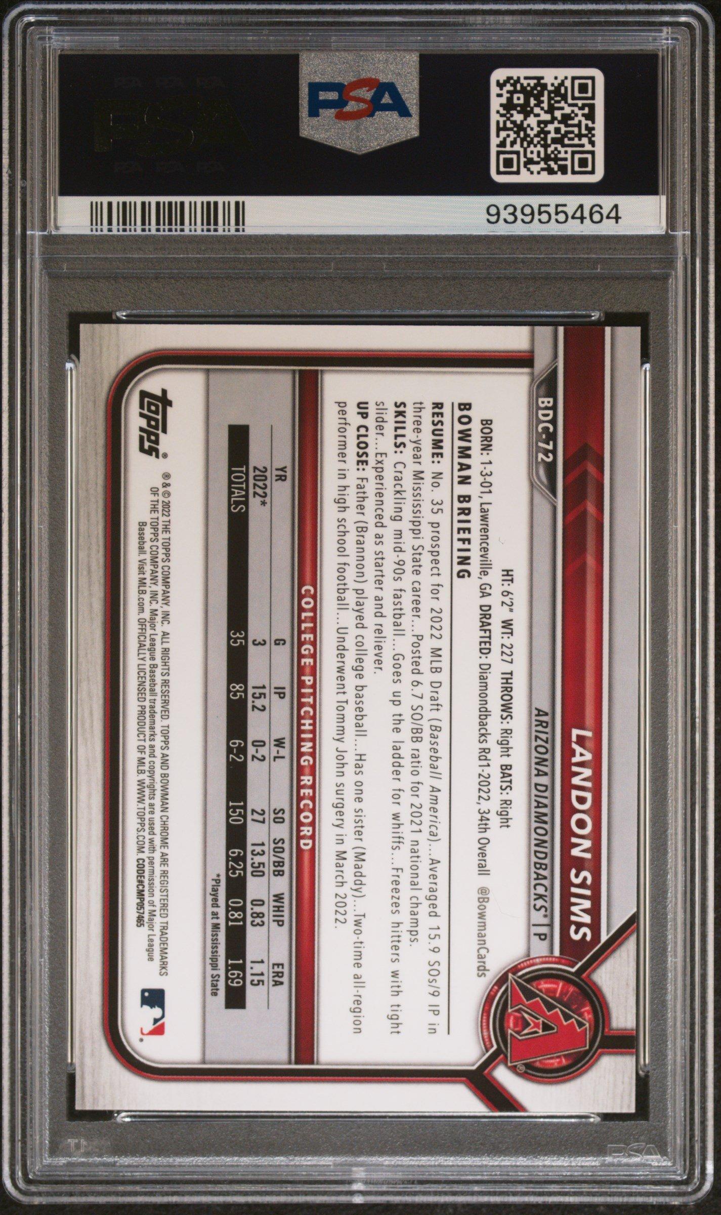 2022 Bowman Draft Chrome Sapphire Edition Bdc72 Landon Sims Purple PSA 10