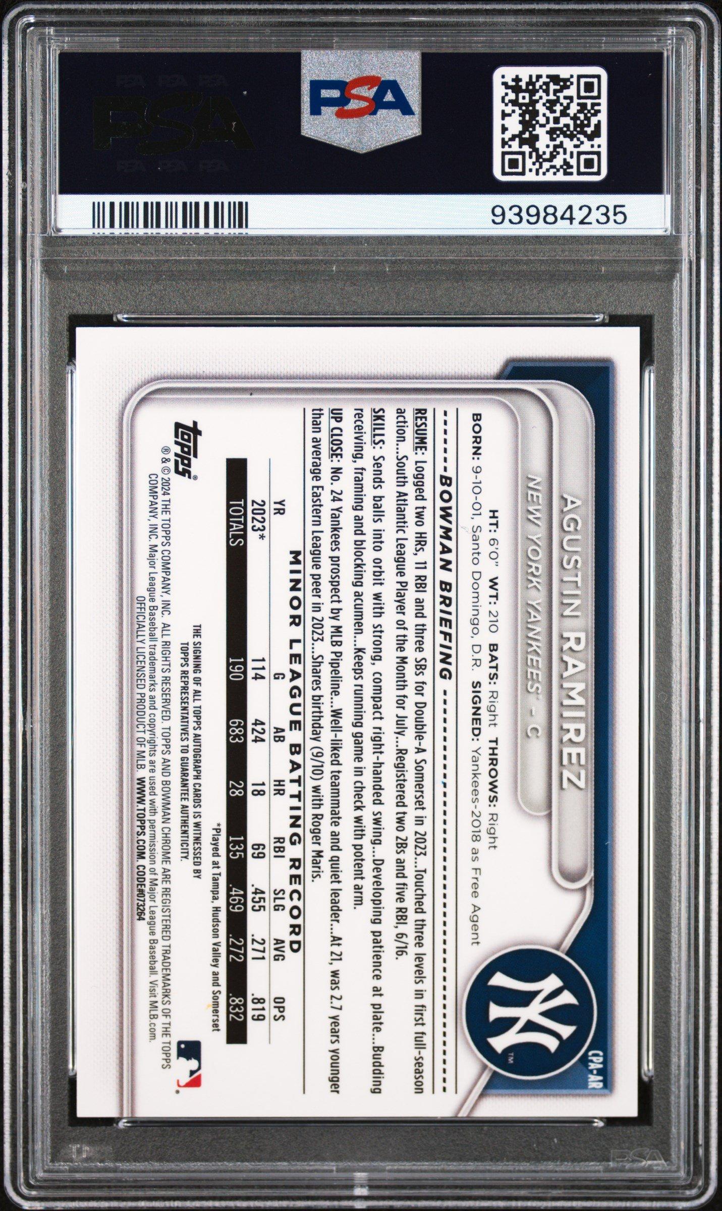 2024 Bowman Chrome Prospect Autographs Cpaar Agustin Ramirez Green Shimmer Refractor PSA 10