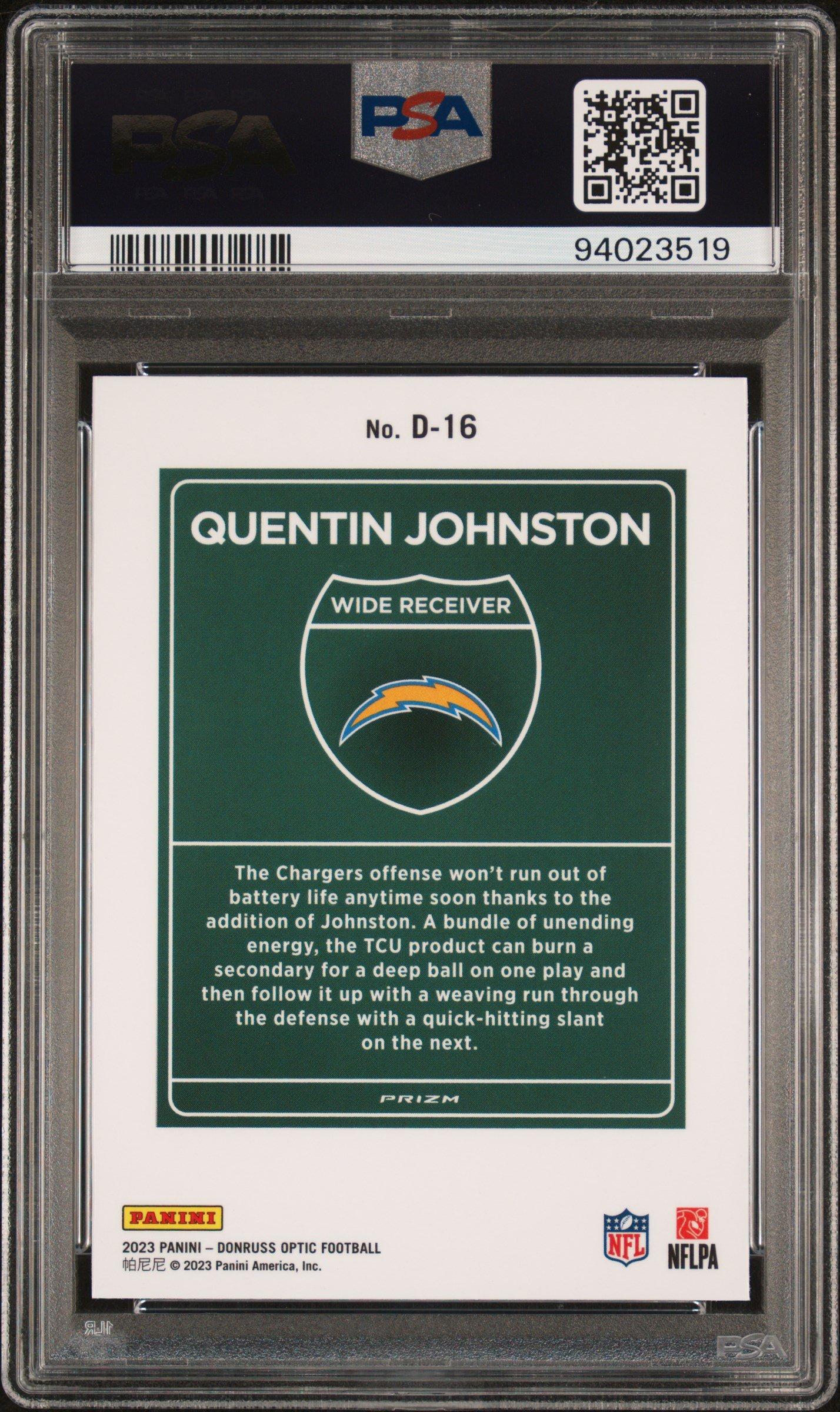 2023 Panini Donruss Optic Downtown! D16 Quentin Johnston PSA 10
