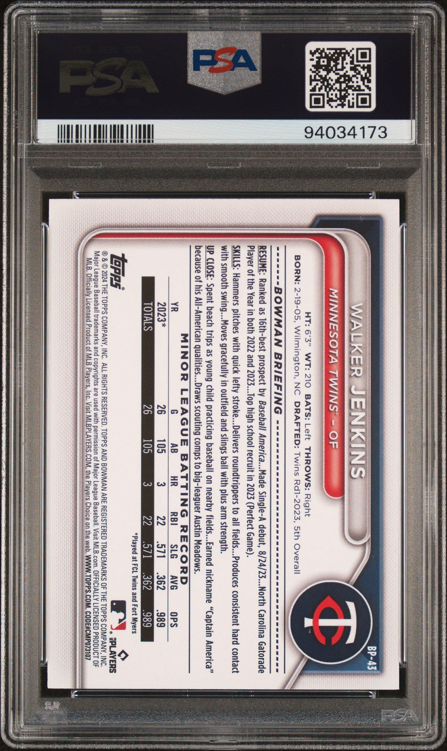 2024 Bowman Paper Prospects Bp43 Walker Jenkins Gold PSA 10