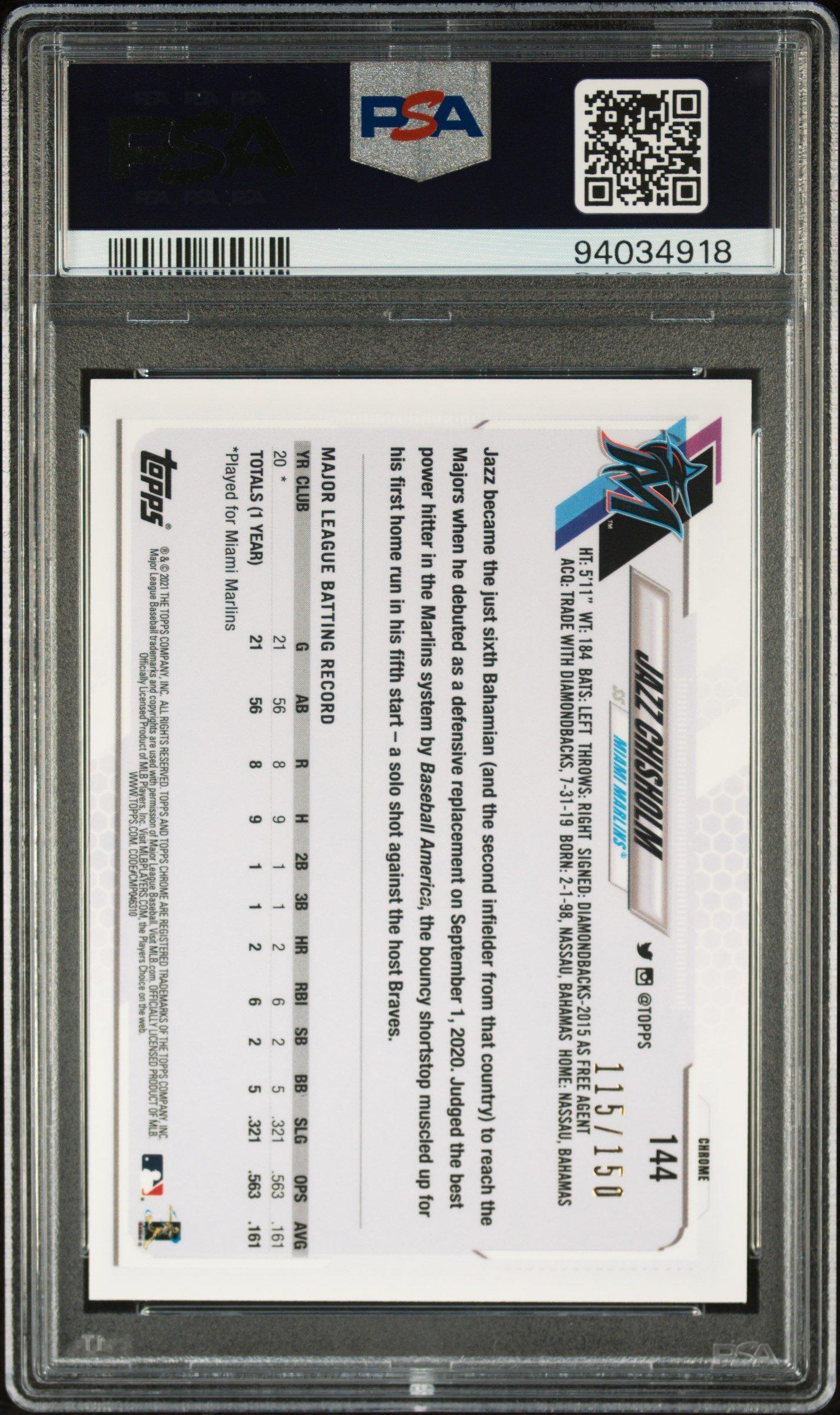 2021 Topps Chrome 144 Jazz Chisholm Blue Refractor PSA 10