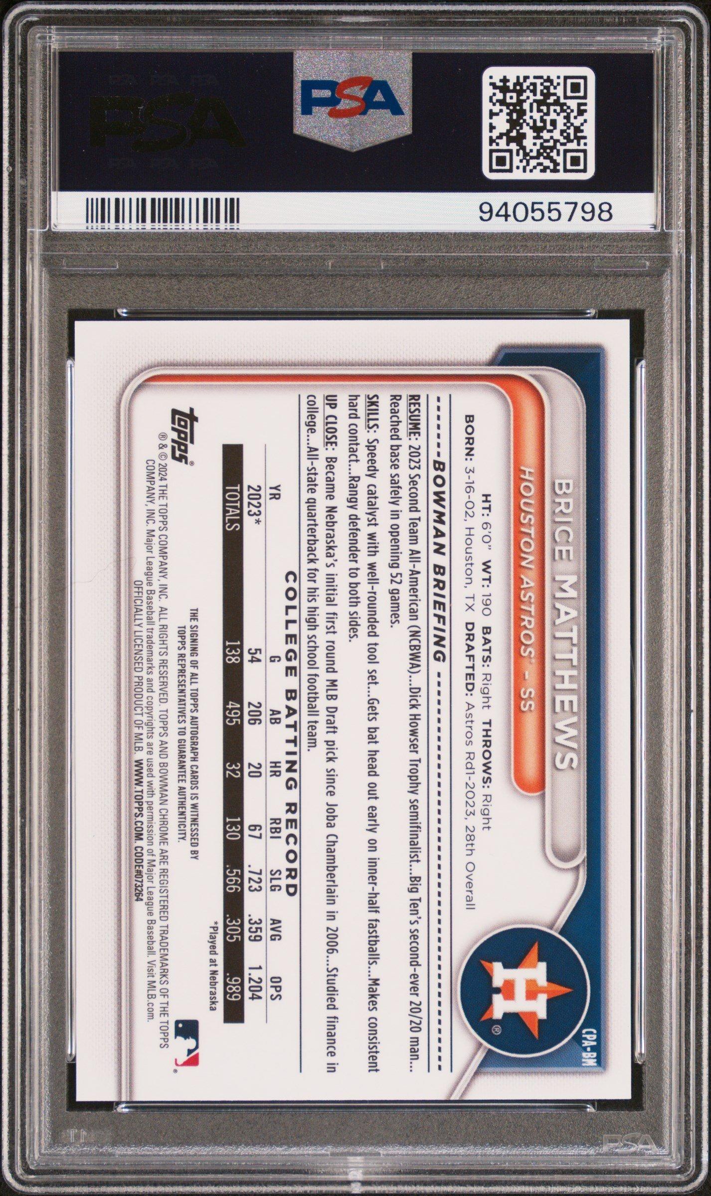 2024 Bowman Chrome Prospect Autographs Cpabm Brice Matthews PSA 10
