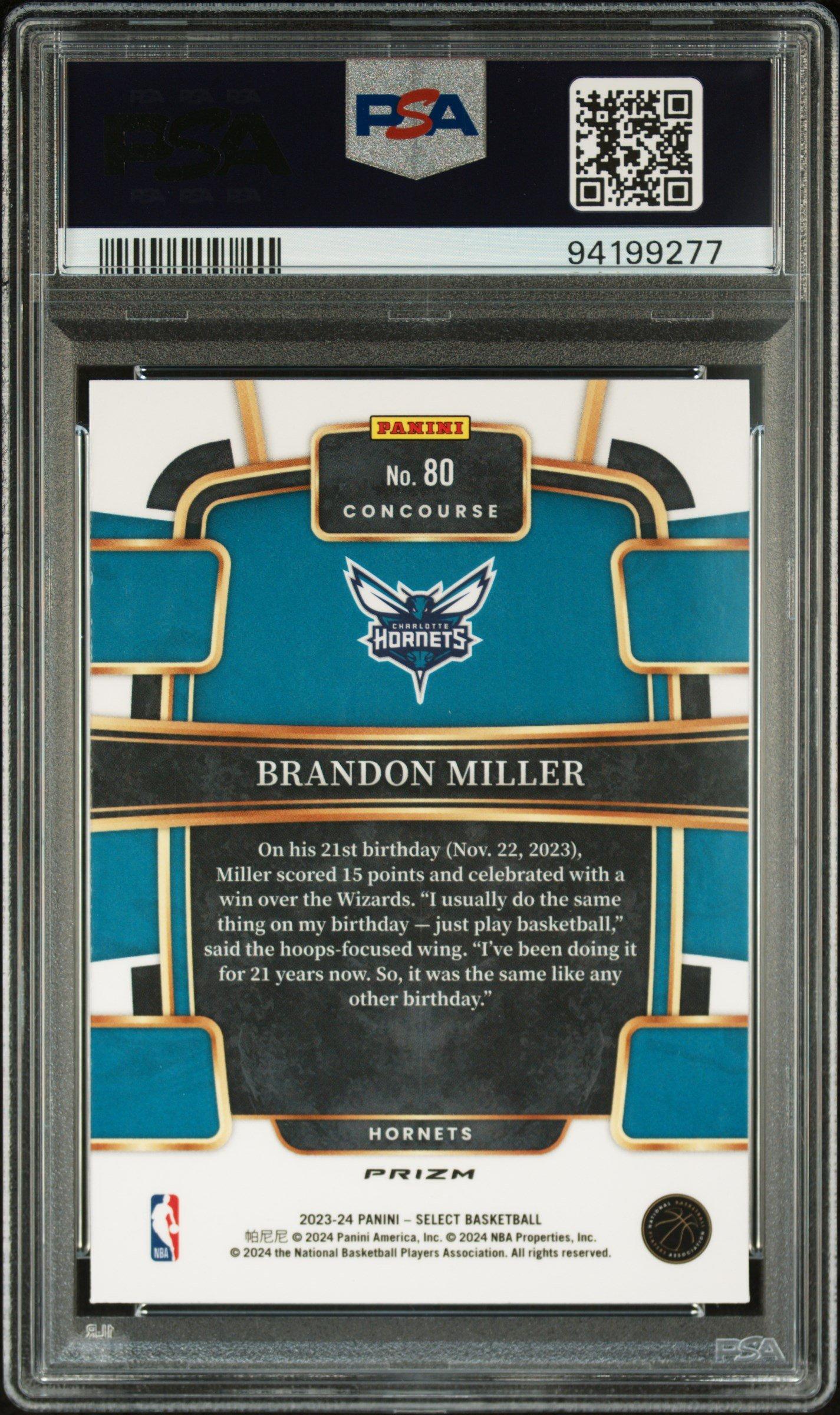 2023 Panini Select 80 Brandon Miller Blue Cracked Ice PSA 10