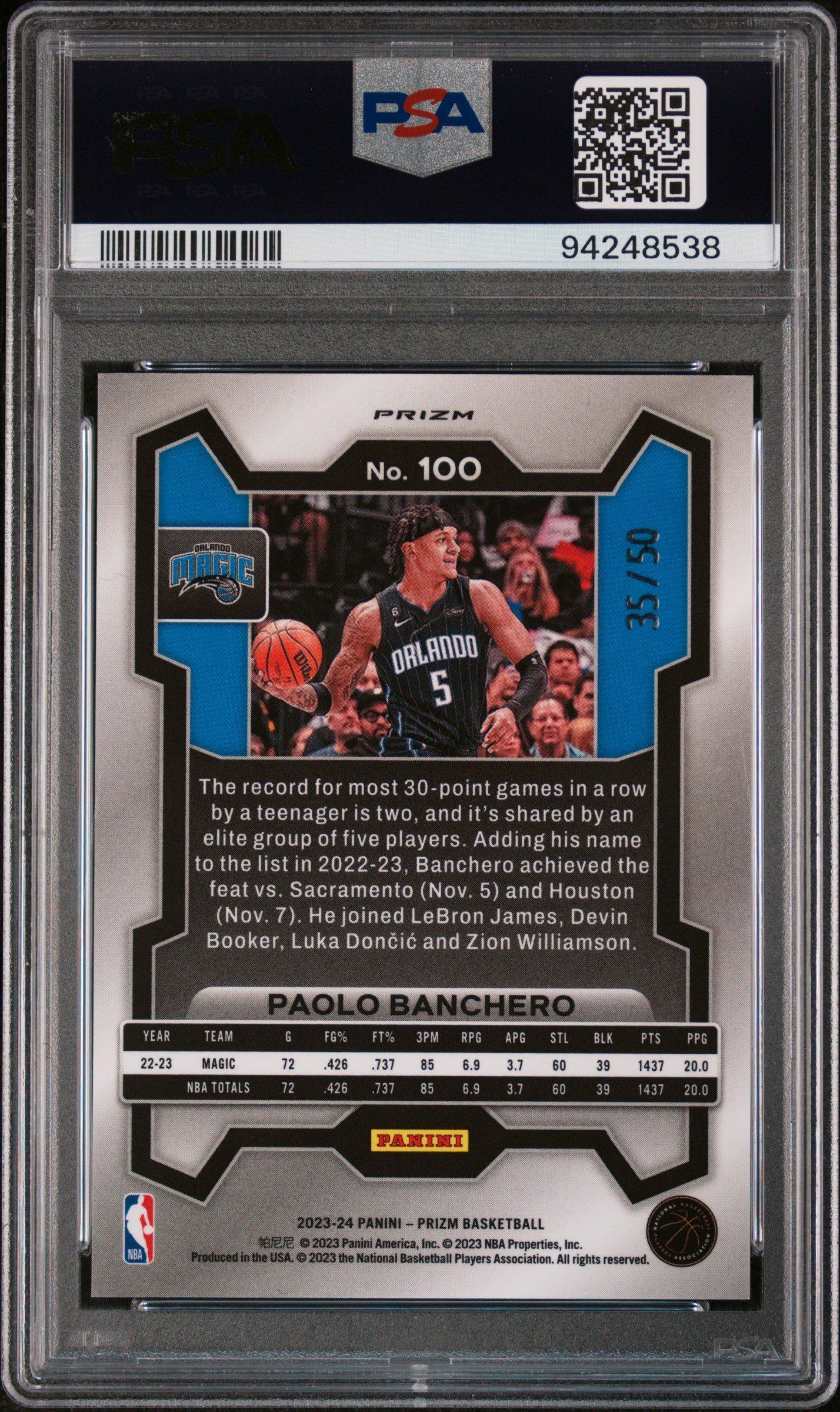 2023 Panini Prizm 100 Paolo Banchero Pink Fast Break PSA 10