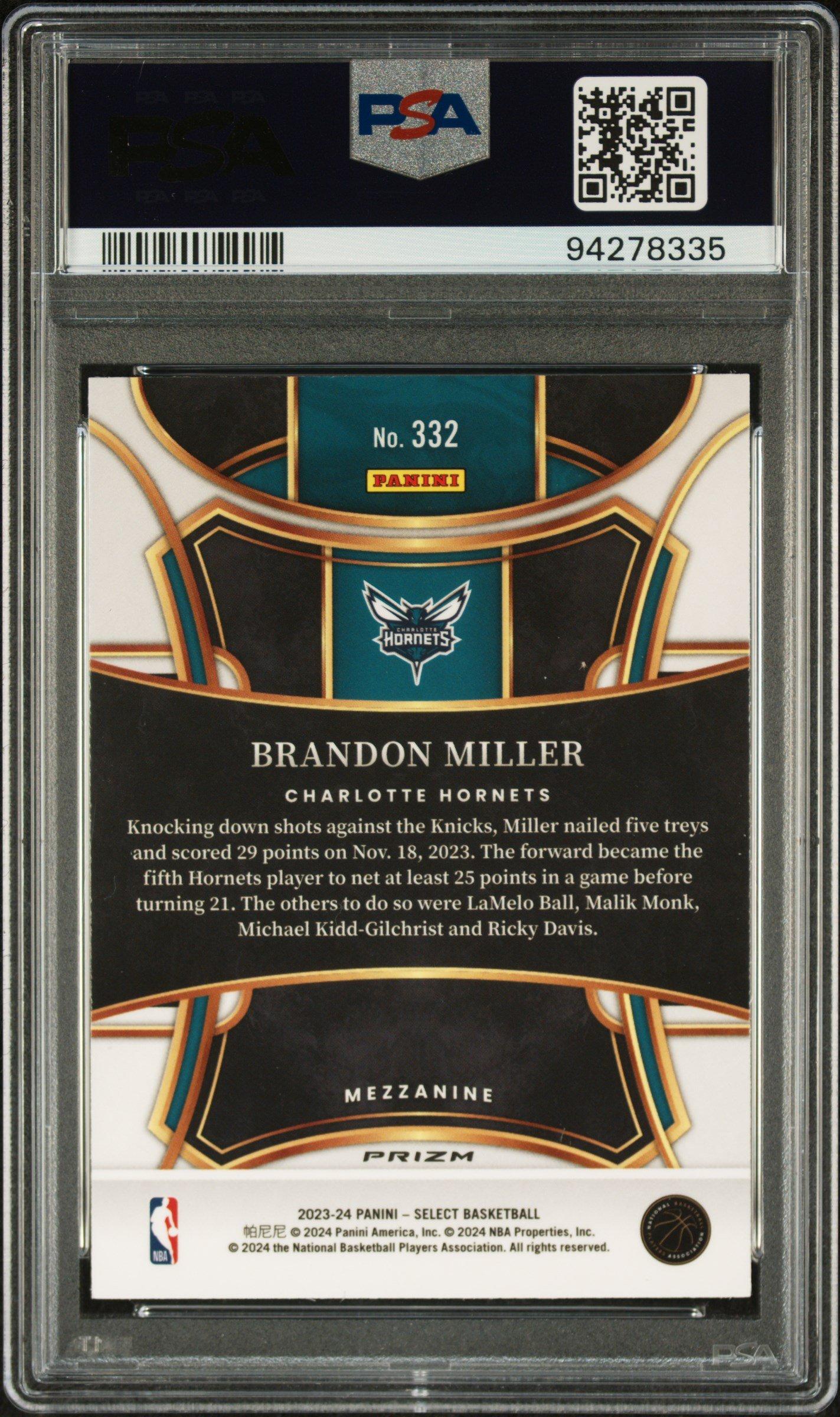 2023 Panini Select 332 Brandon Miller Silver Prizm PSA 10 Graded 