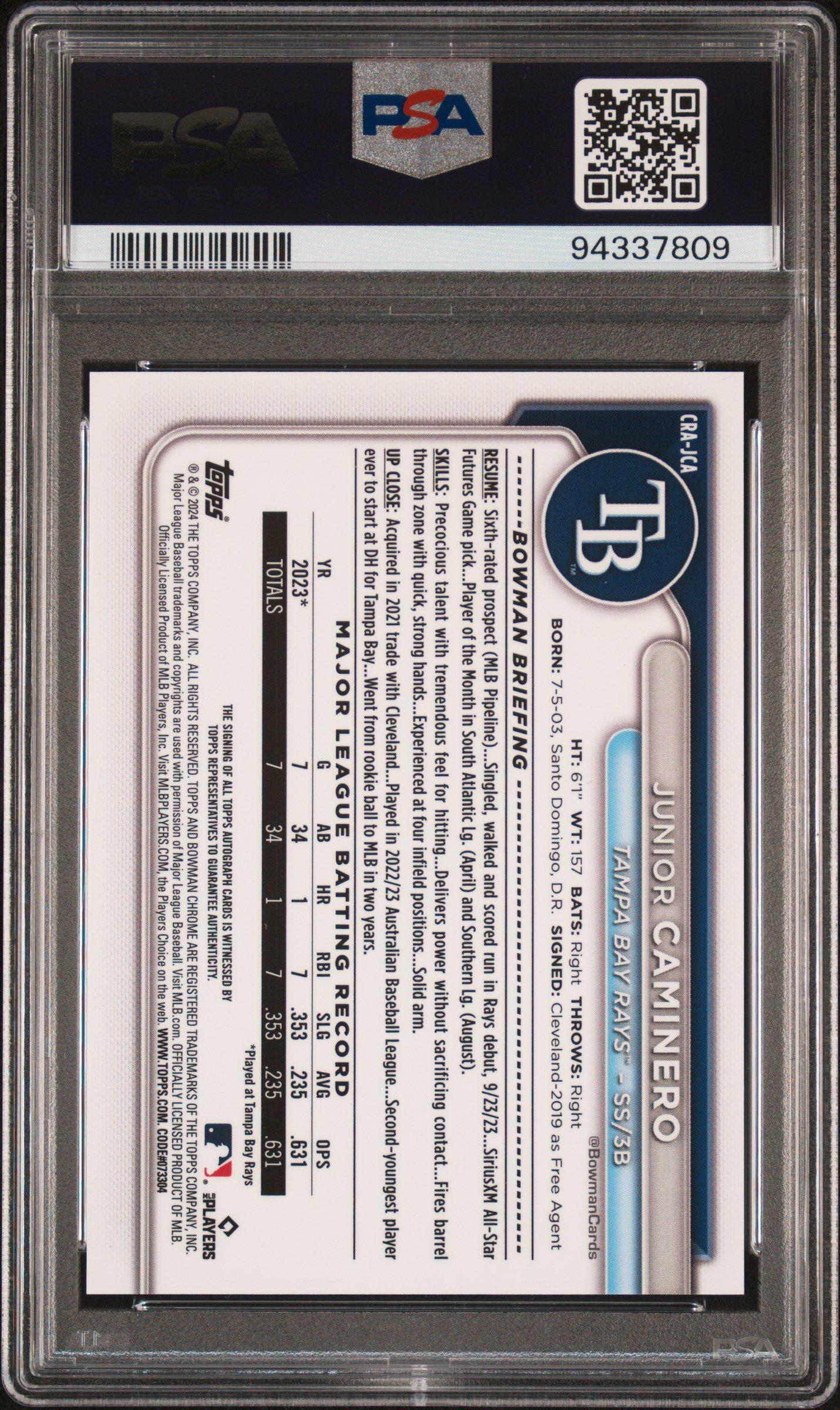 2024 Bowman Chrome Rookie Autographs Crajca Junior Caminero Gold Refractor PSA 10