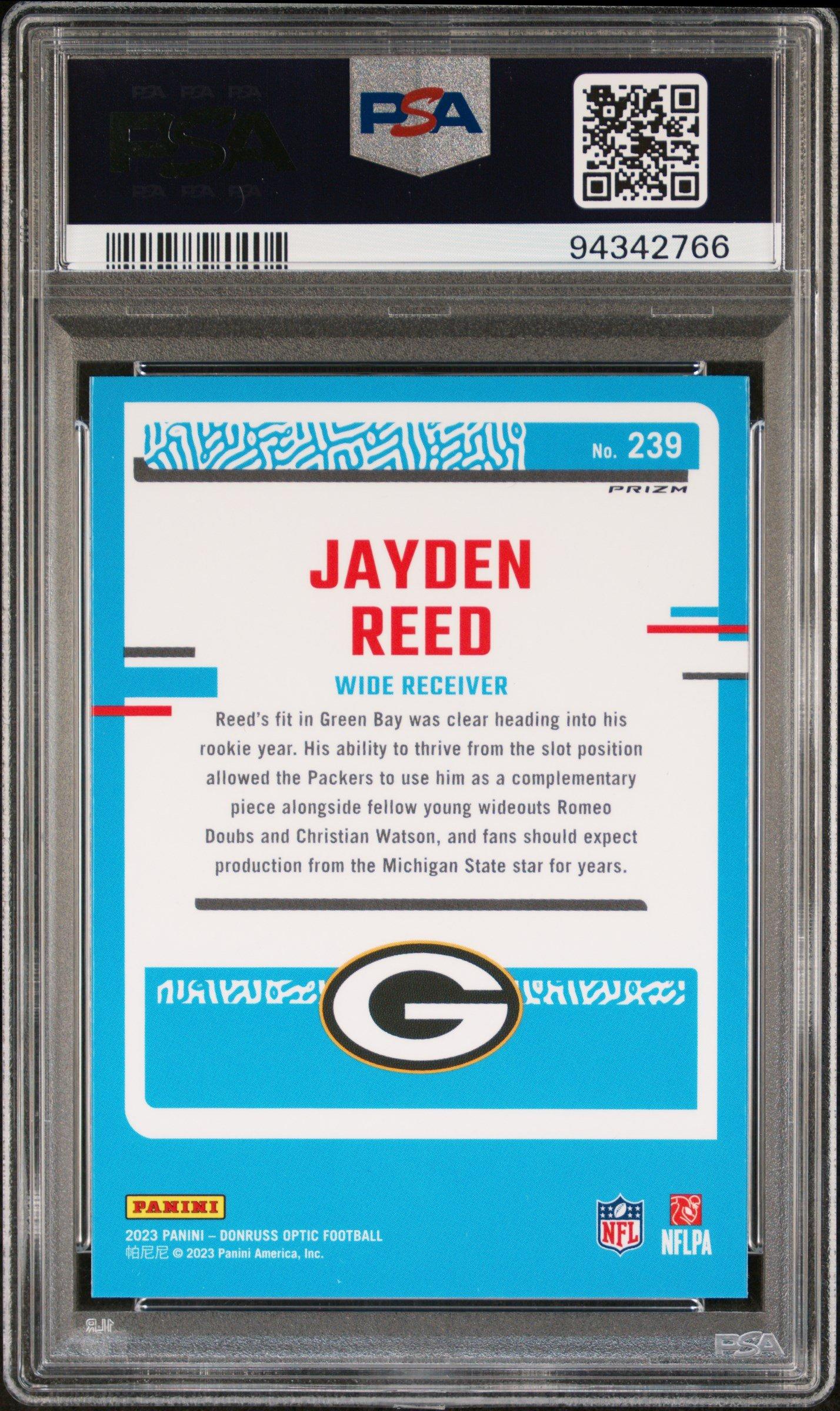 2023 Panini Donruss Optic 239 Jayden Reed Purple Shock PSA 10