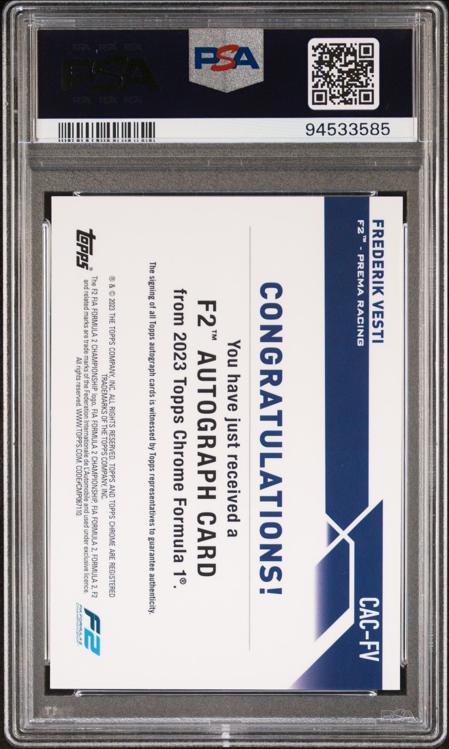 2023 Topps Chrome Formula 1 Chrome Autographs Cacfv Frederik Vesti PSA 9