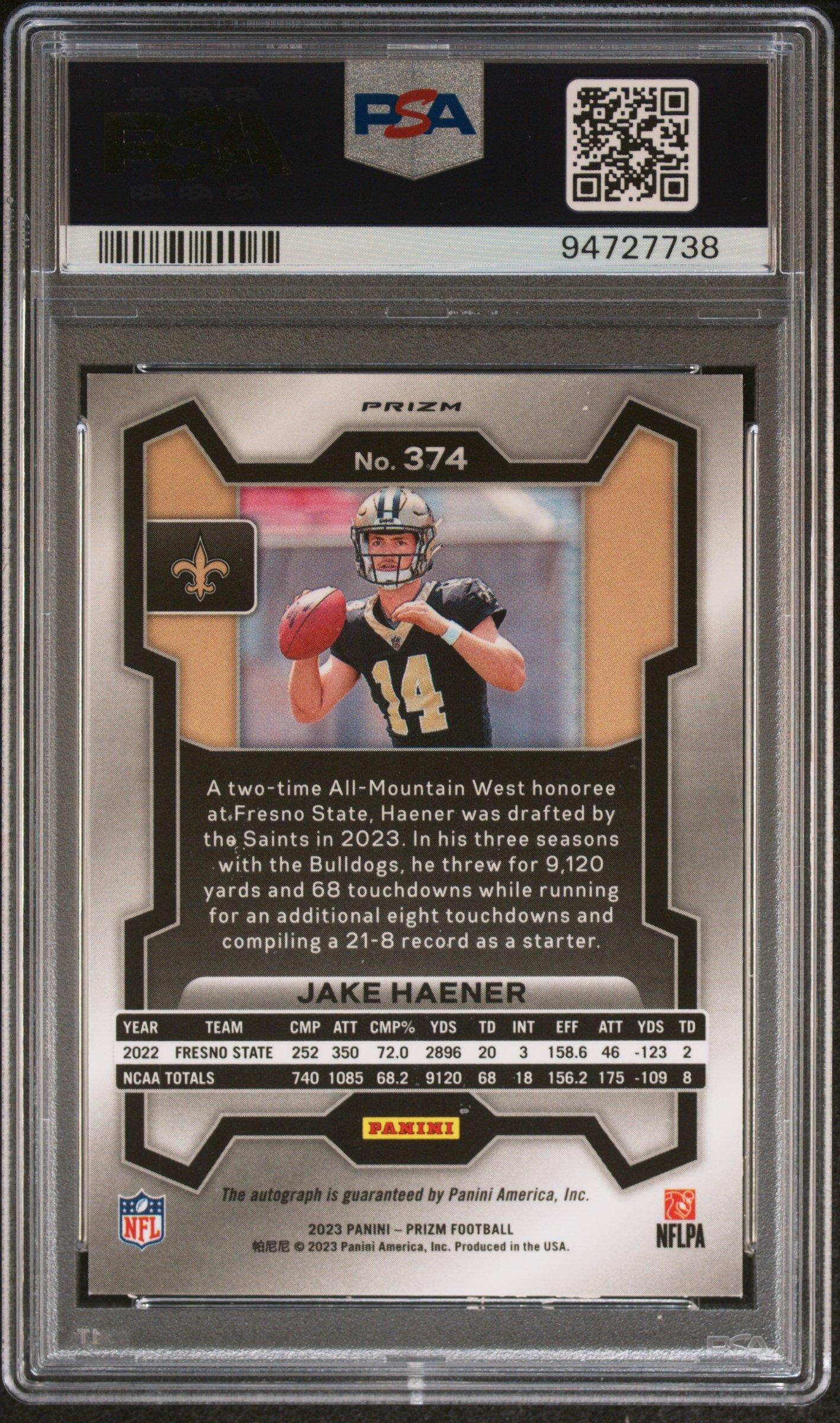 2023 Panini Prizm 374 Jake Haener Autograph PSA 10