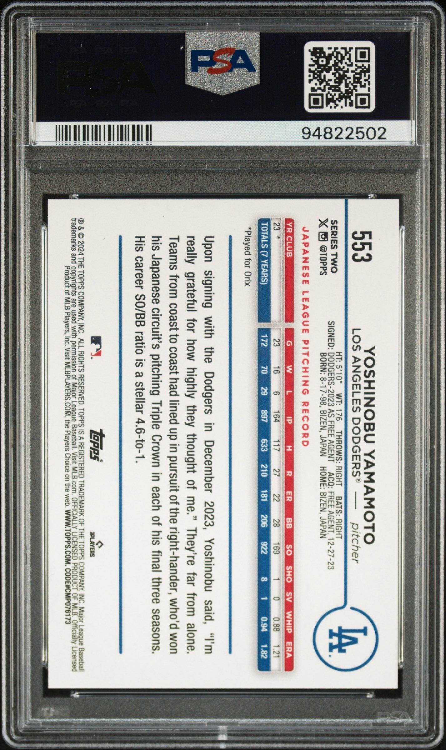 2024 Topps 553 Yoshinobu Yamamoto PSA 10 Graded Card | GameStop