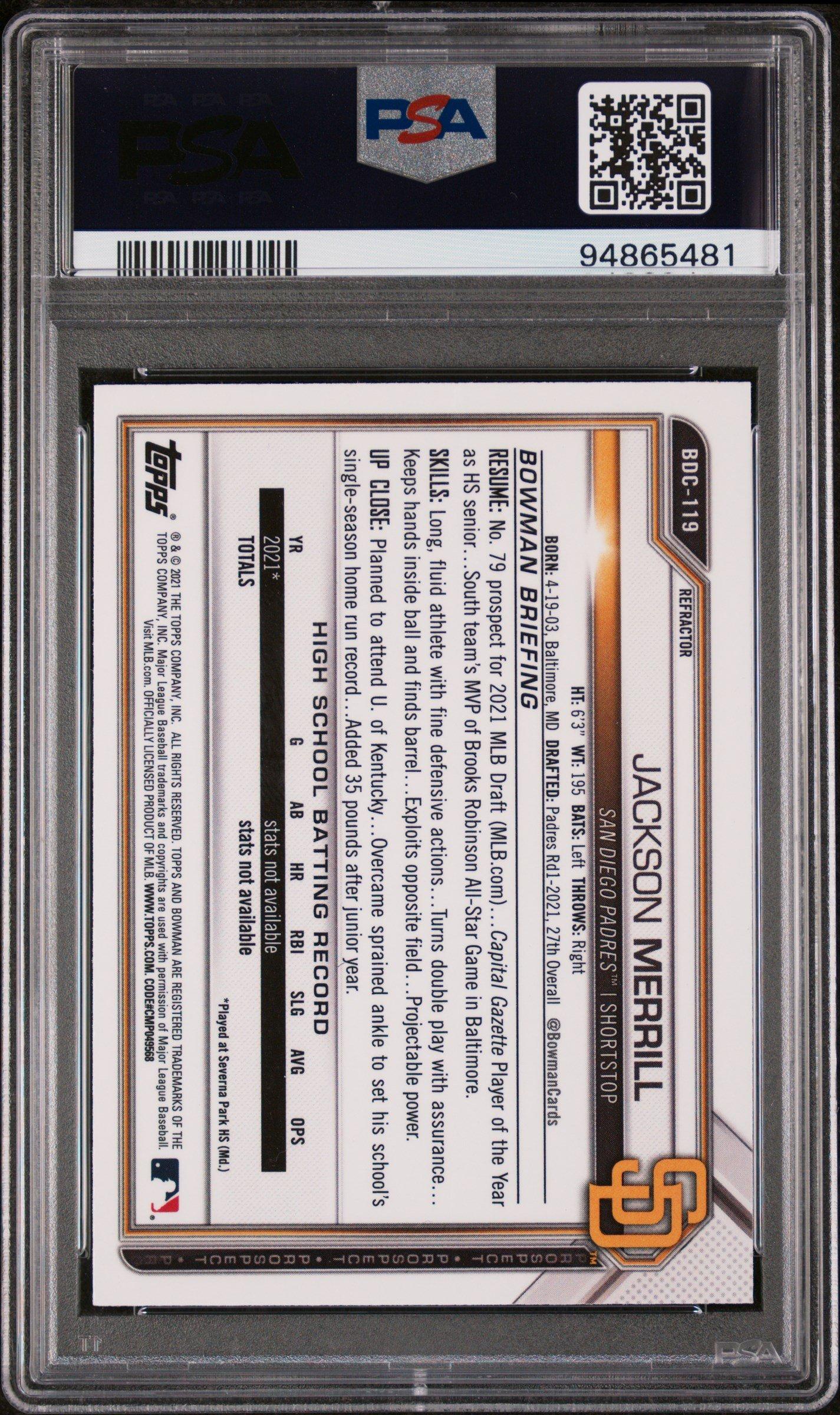 2021 Bowman Draft Bdc119 Jackson Merrill Chrome-refractor PSA 10