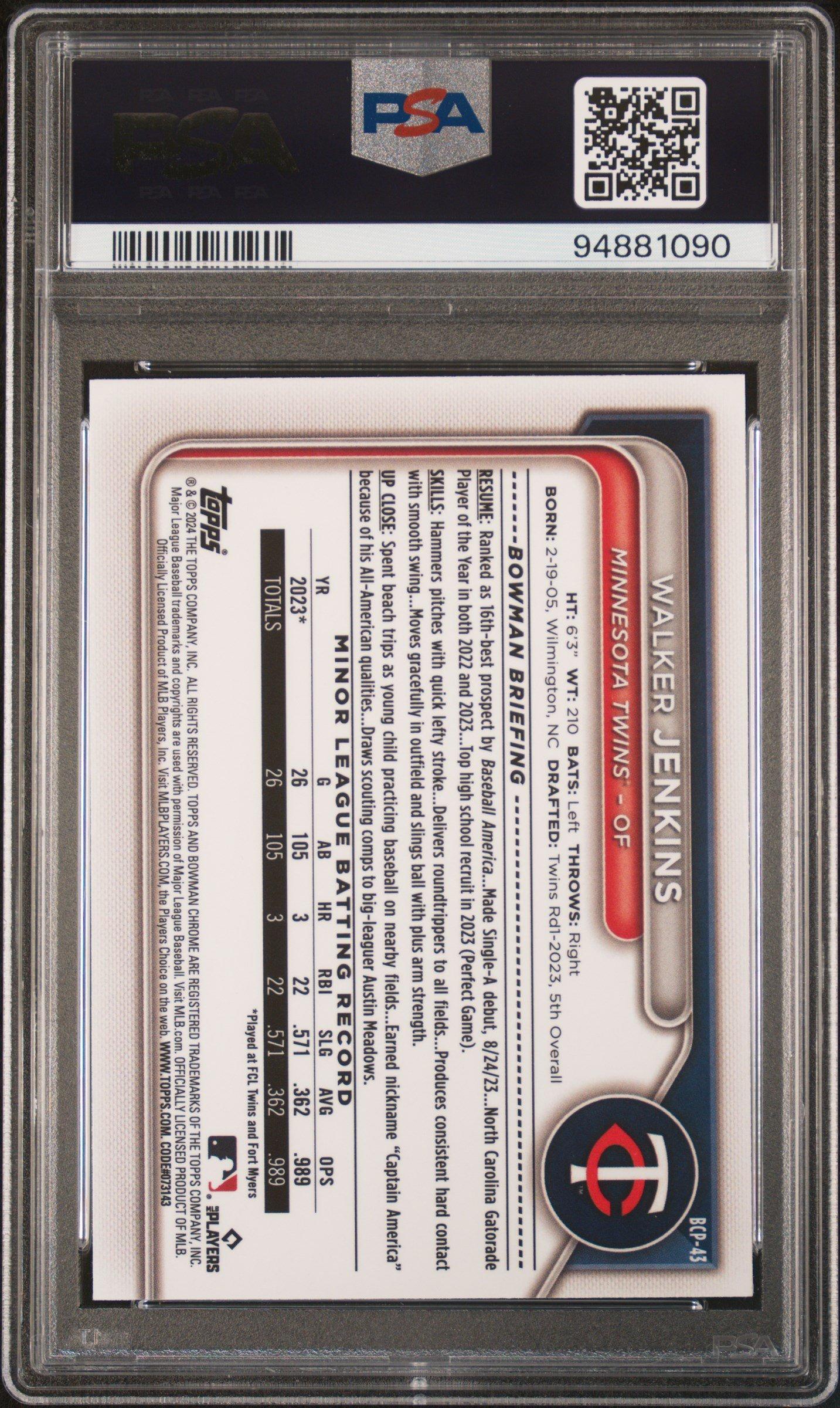 2024 Bowman Chrome Prospects Bcp43 Walker Jenkins PSA 10