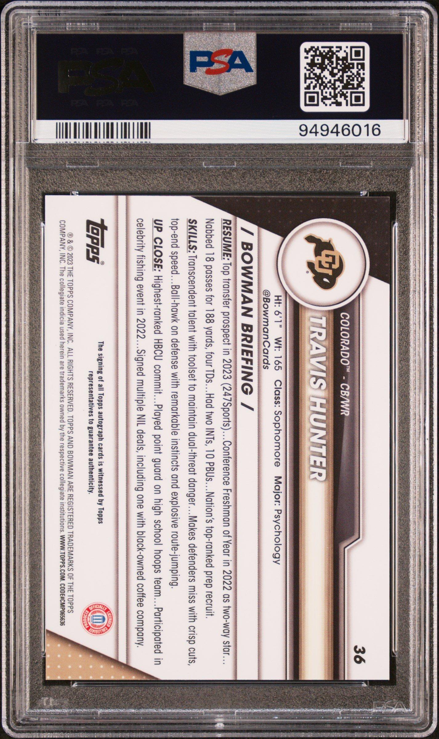 2023 Bowman University Chrome 36 Travis Hunter Autograph PSA 10