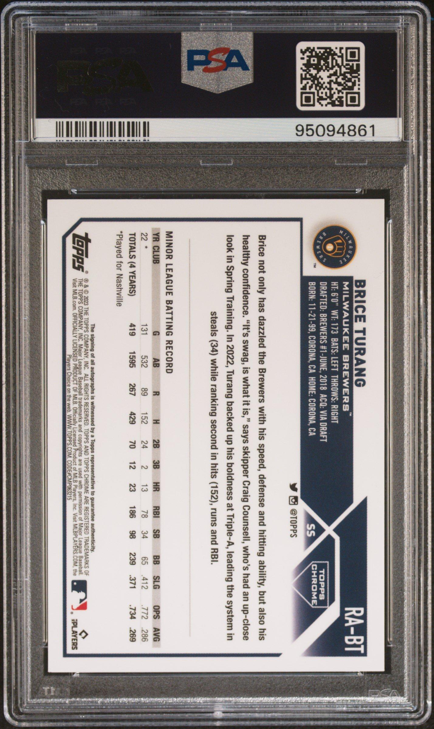 2023 Topps Chrome Rookie Autograph Rabt Brice Turang Blue Refractor PSA 9