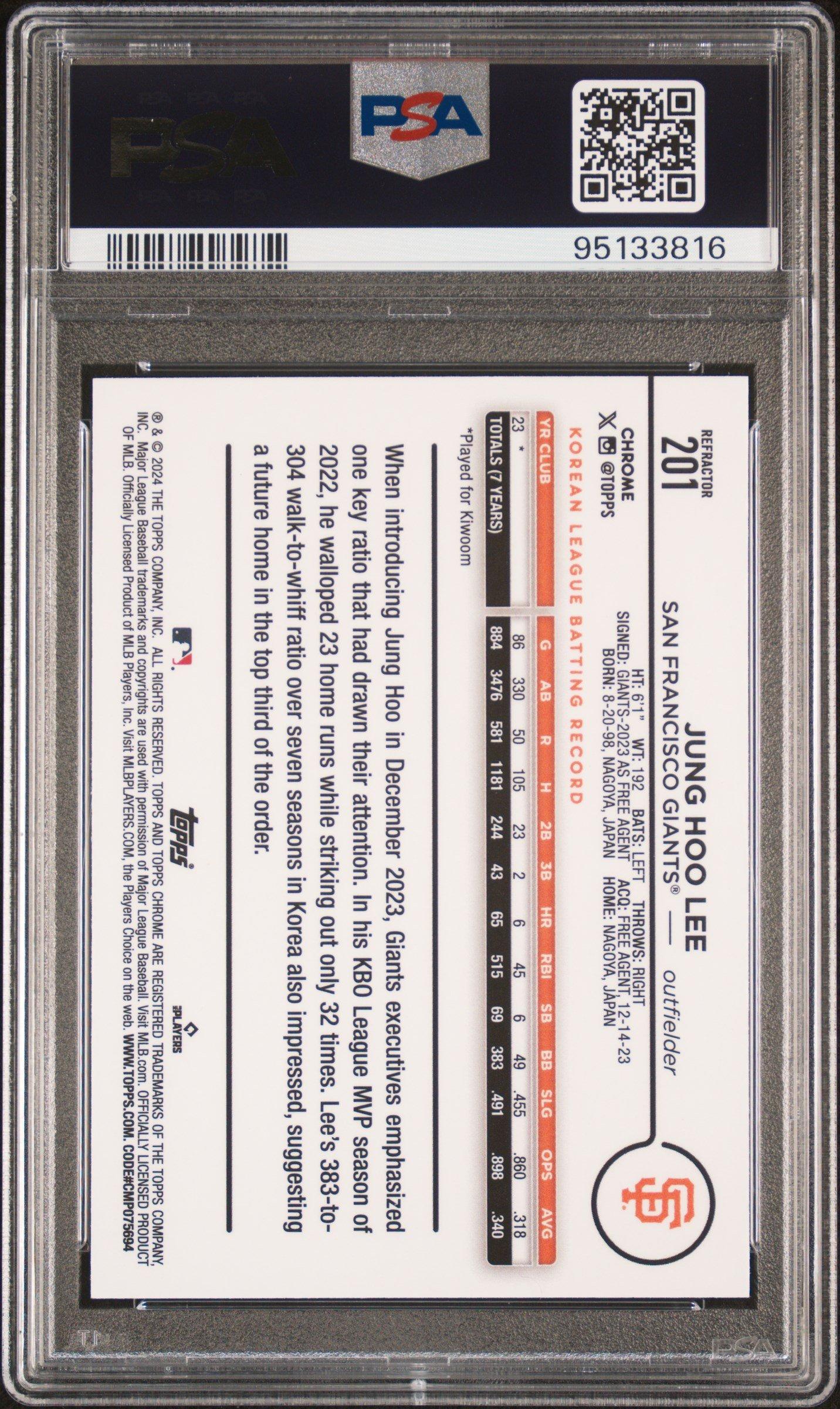 2024 Topps Chrome 201 Jung Hoo Lee Refractor PSA 10