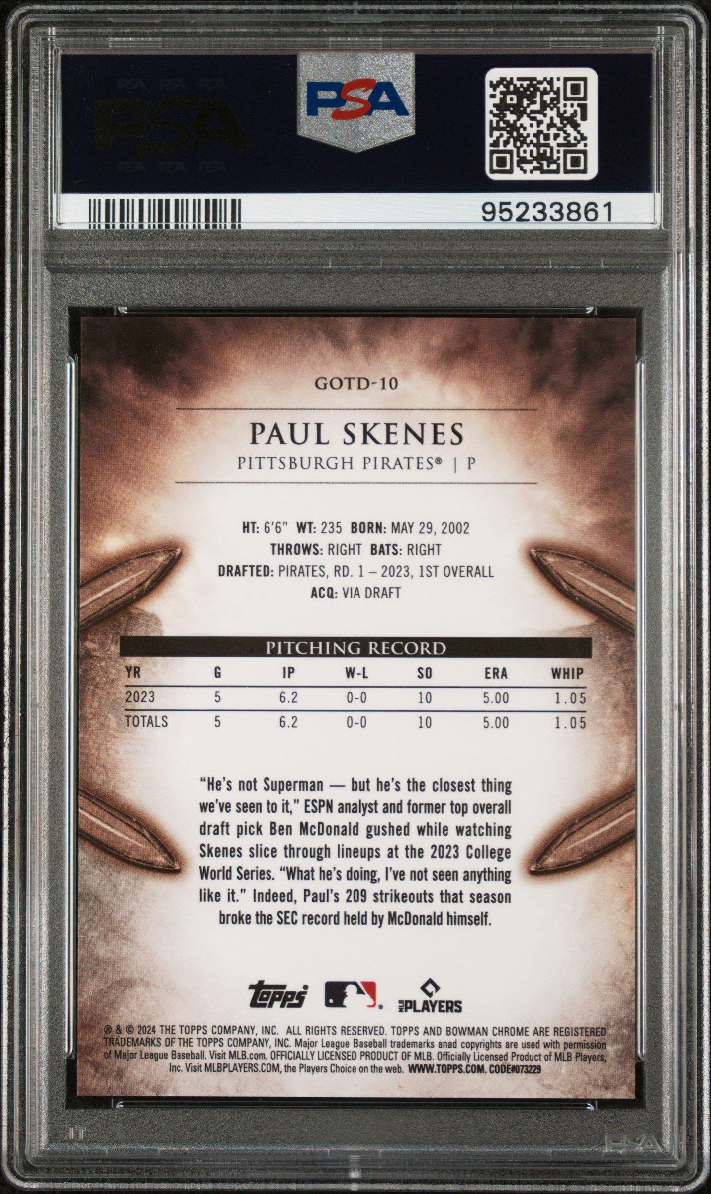 2024 Bowman Gladiators Of The Diamond Gotd10 Paul Skenes PSA 10
