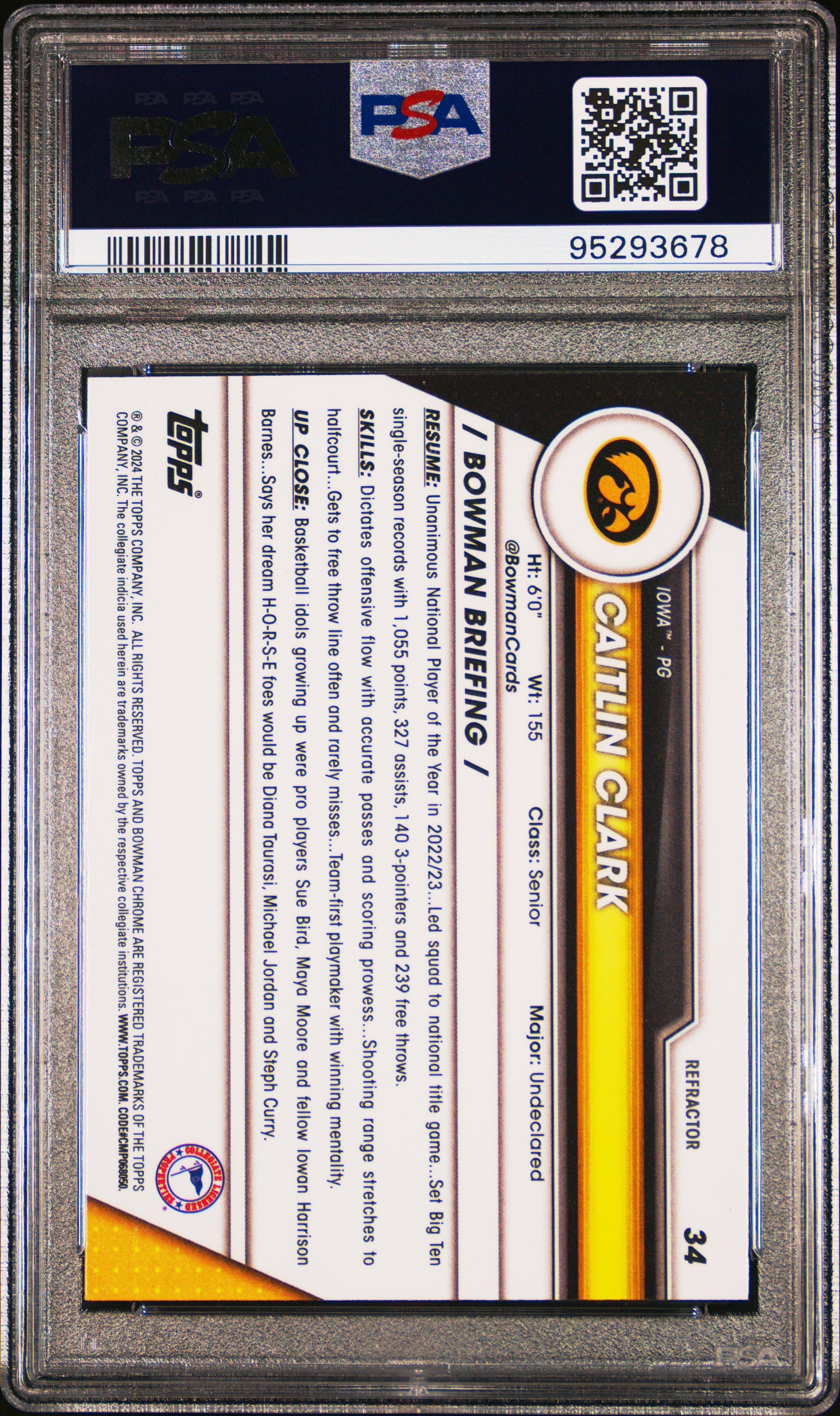 2023 Bowman University Chrome 34 Caitlin Clark Refractor PSA 9