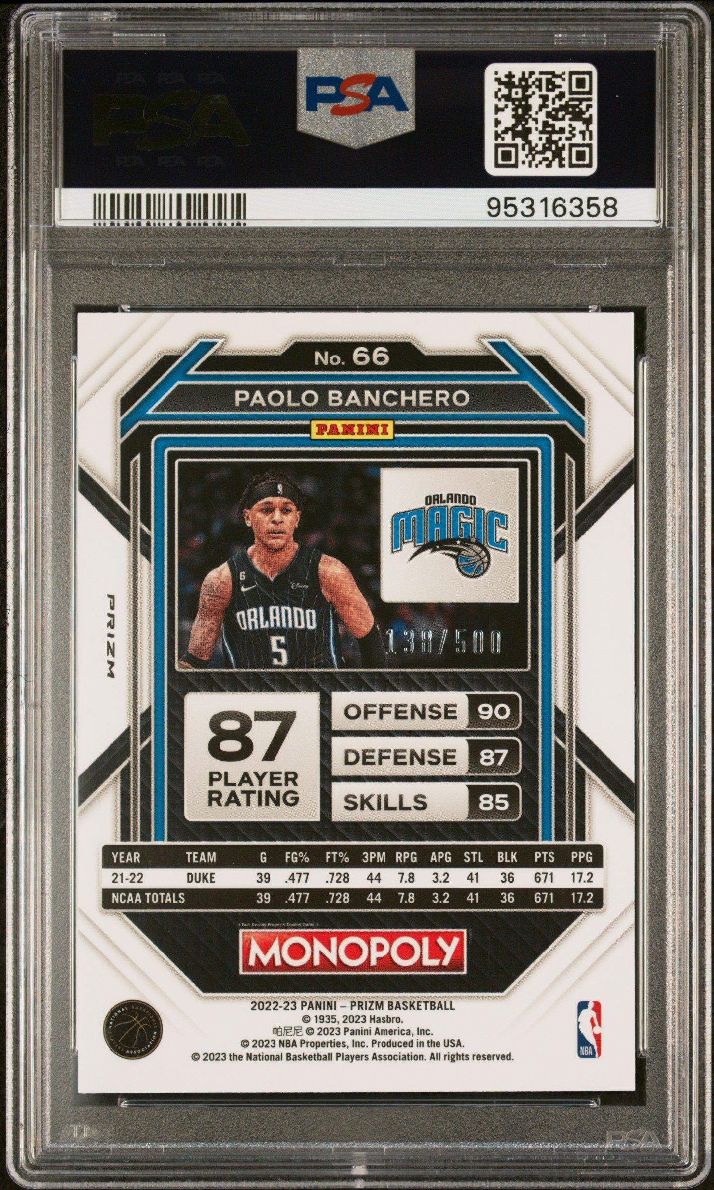 2022 Panini Prizm Monopoly 66 Paolo Banchero Gold Money Shimmer PSA 10